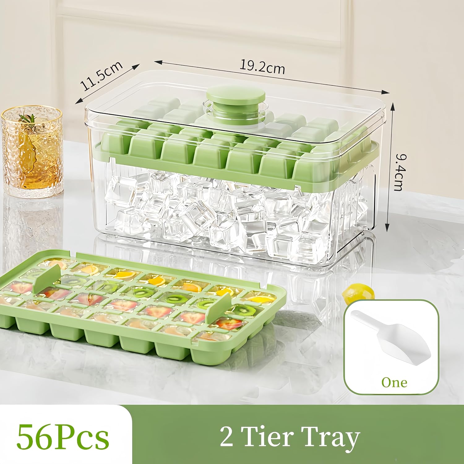 Ice Cube Trays - Ice Cube Tray with Lid and Container - 56 Ice Cube Molds - 2 Containers and Ice Scoop - BPA-free (Green) - Image 2