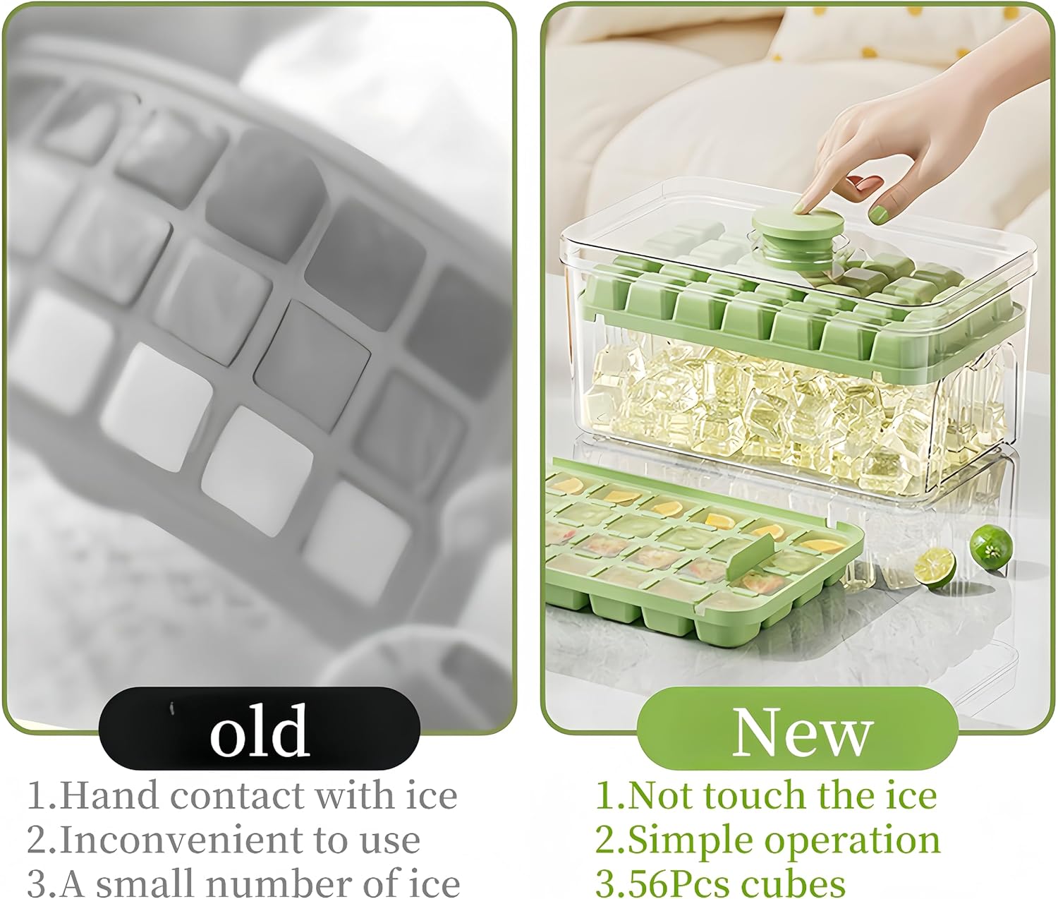 Ice Cube Trays - Ice Cube Tray with Lid and Container - 56 Ice Cube Molds - 2 Containers and Ice Scoop - BPA-free (Green) - Image 6