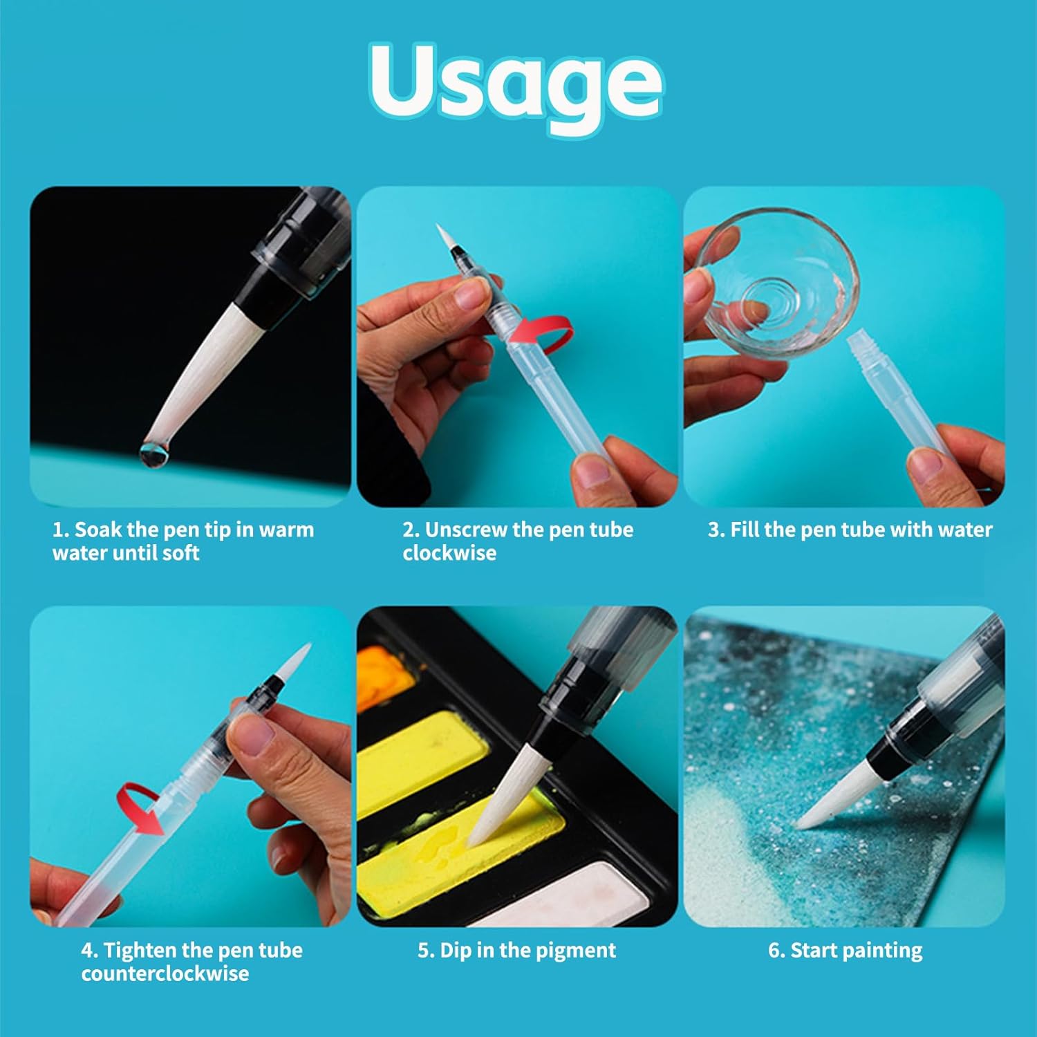 Refillable watercolour brush set: 6 watercolour brushes with refillable reservoirs - watercolour brushes with fine, medium and large tips for watercolour painting and sketching - Image 4