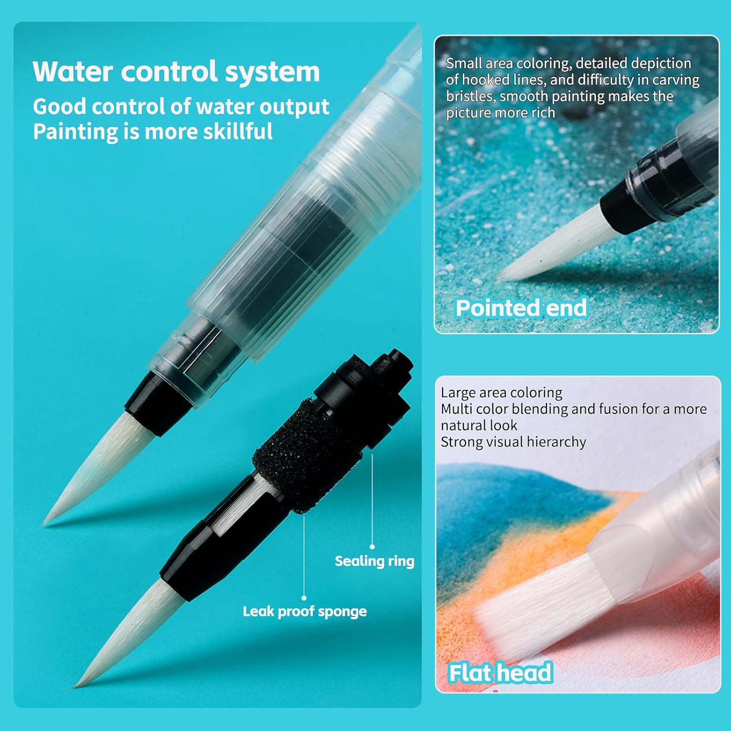 Refillable watercolour brush set: 6 watercolour brushes with refillable reservoirs - watercolour brushes with fine, medium and large tips for watercolour painting and sketching - Image 5