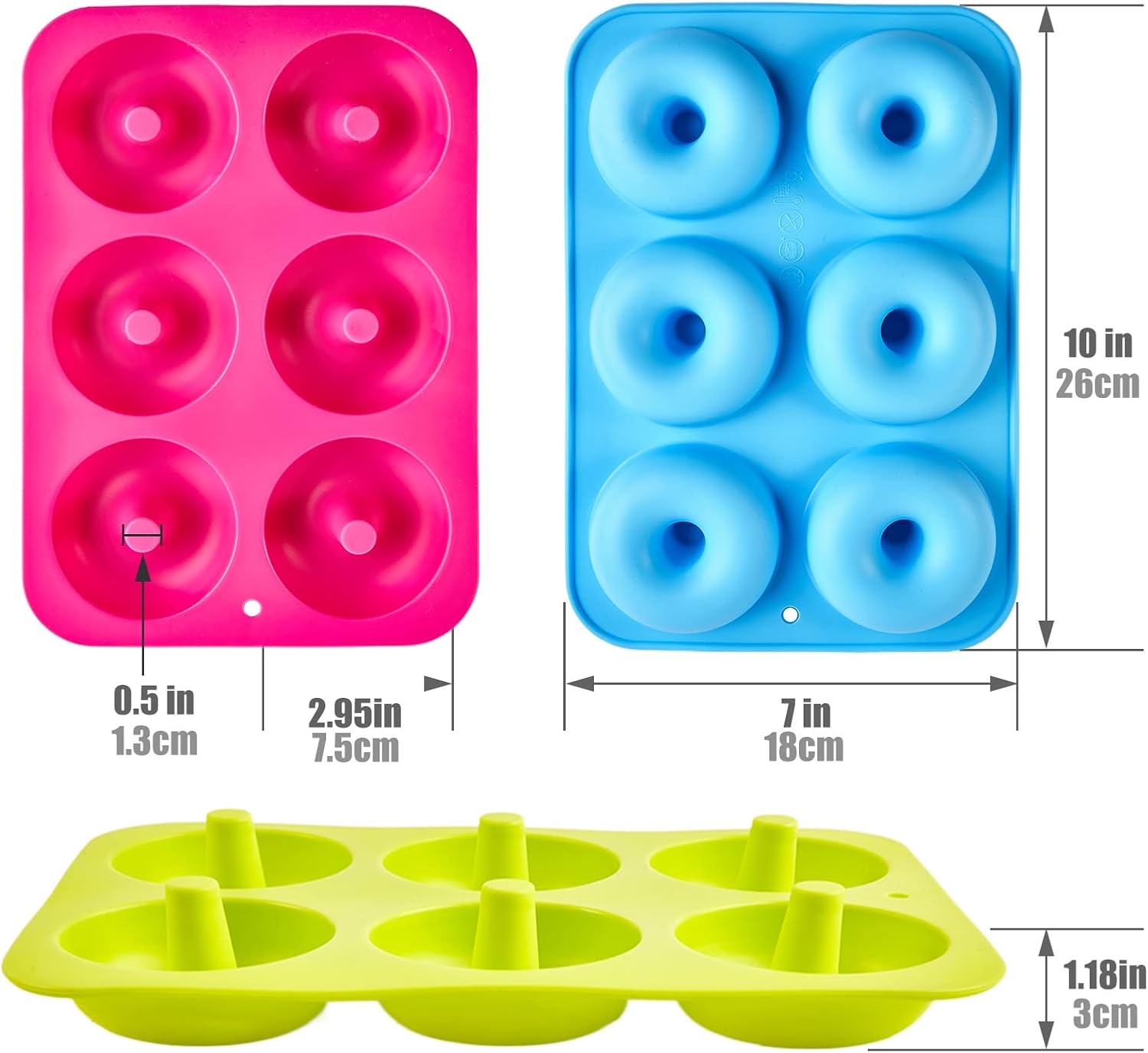 Silicone donut mould - 3-pack silicone donut mould - large non-stick tray with 6 cavities - donut mould - bagel baking mould - muffin-cupcake-cookie donut maker - baking equipment - baking tool - blue- red- green - Image 2