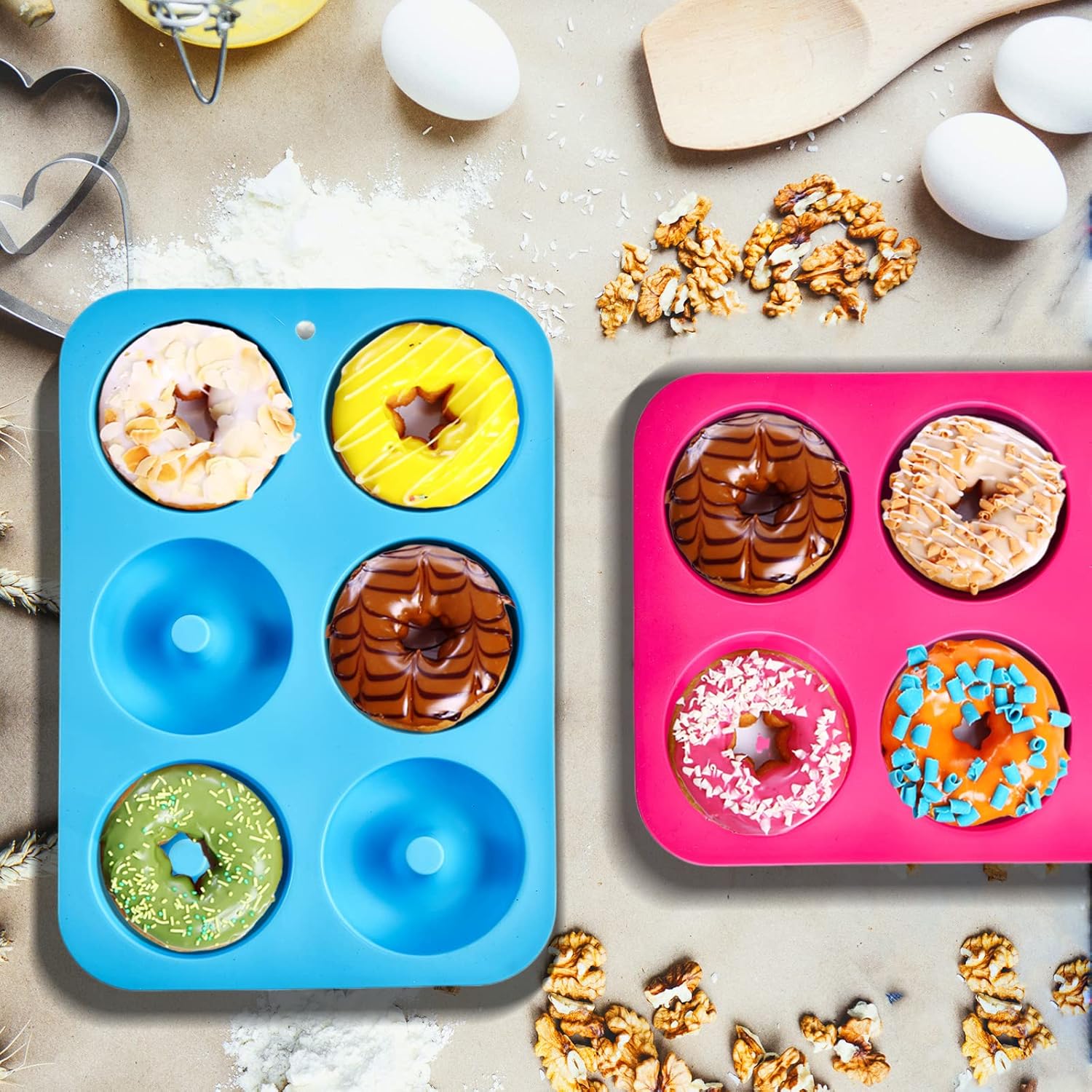 Silicone donut mould - 3-pack silicone donut mould - large non-stick tray with 6 cavities - donut mould - bagel baking mould - muffin-cupcake-cookie donut maker - baking equipment - baking tool - blue- red- green - Image 5