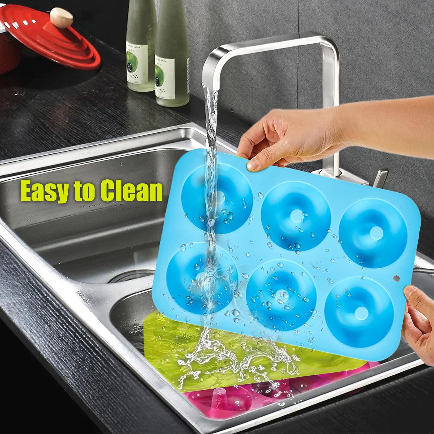 Silicone donut mould - 3-pack silicone donut mould - large non-stick tray with 6 cavities - donut mould - bagel baking mould - muffin-cupcake-cookie donut maker - baking equipment - baking tool - blue- red- green - Image 7