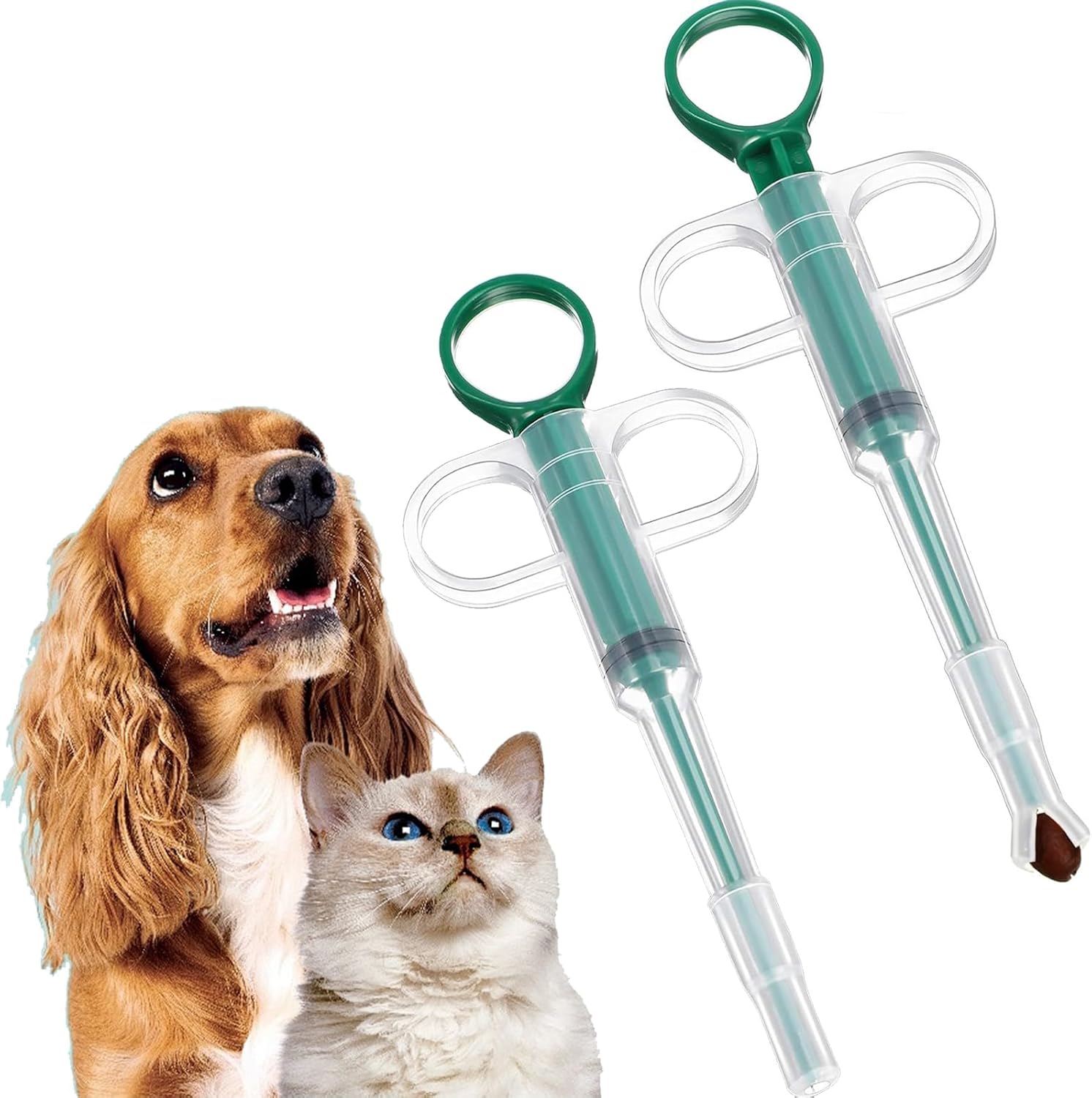 Two-piece set with pet pill poppers, cat pill poppers and cat pill dispensers. Reusable cat pill poppers. Green pill poppers with soft tips for safety and reliability. Handy for both cats and dogs. - Image 1