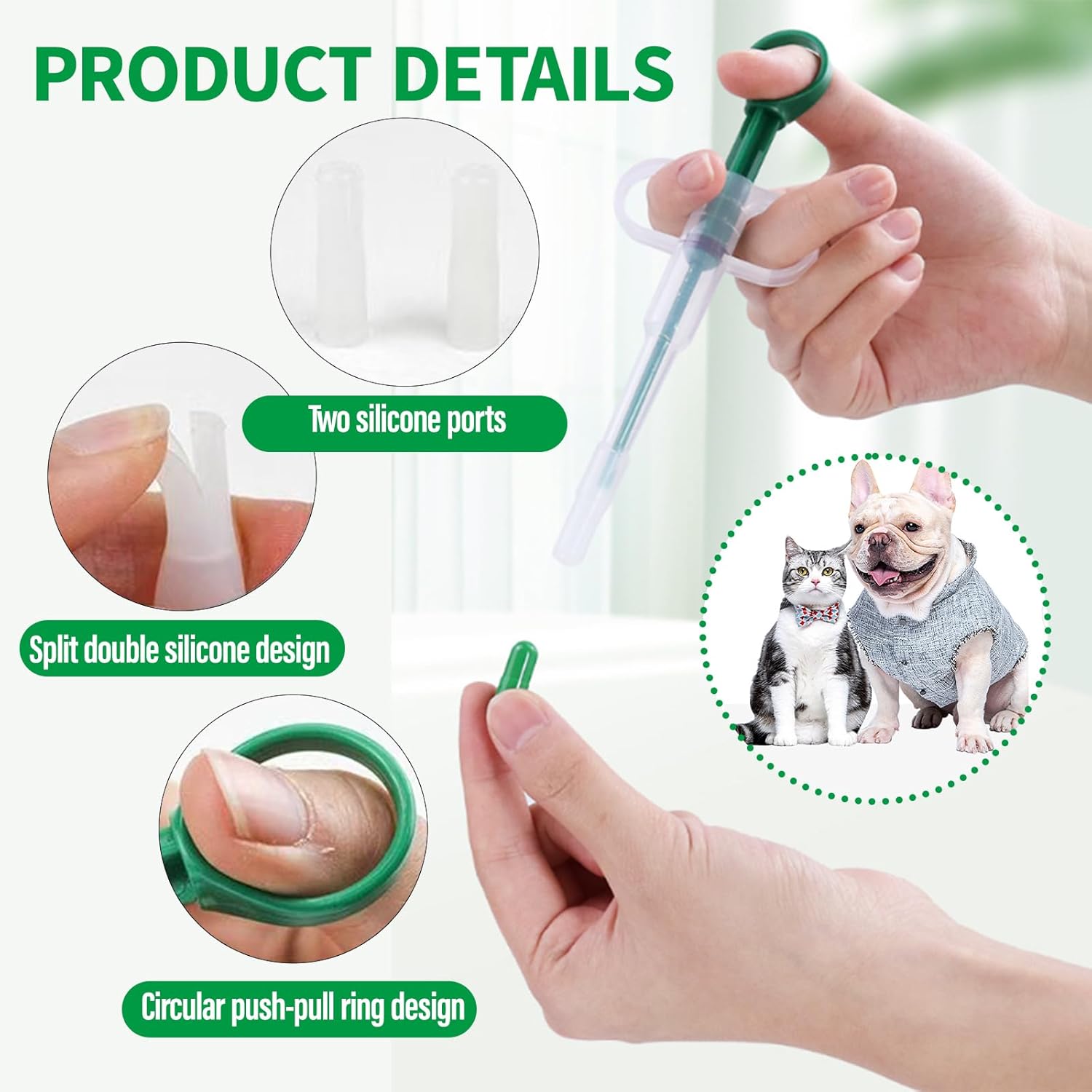 Two-piece set with pet pill poppers, cat pill poppers and cat pill dispensers. Reusable cat pill poppers. Green pill poppers with soft tips for safety and reliability. Handy for both cats and dogs. - Image 4