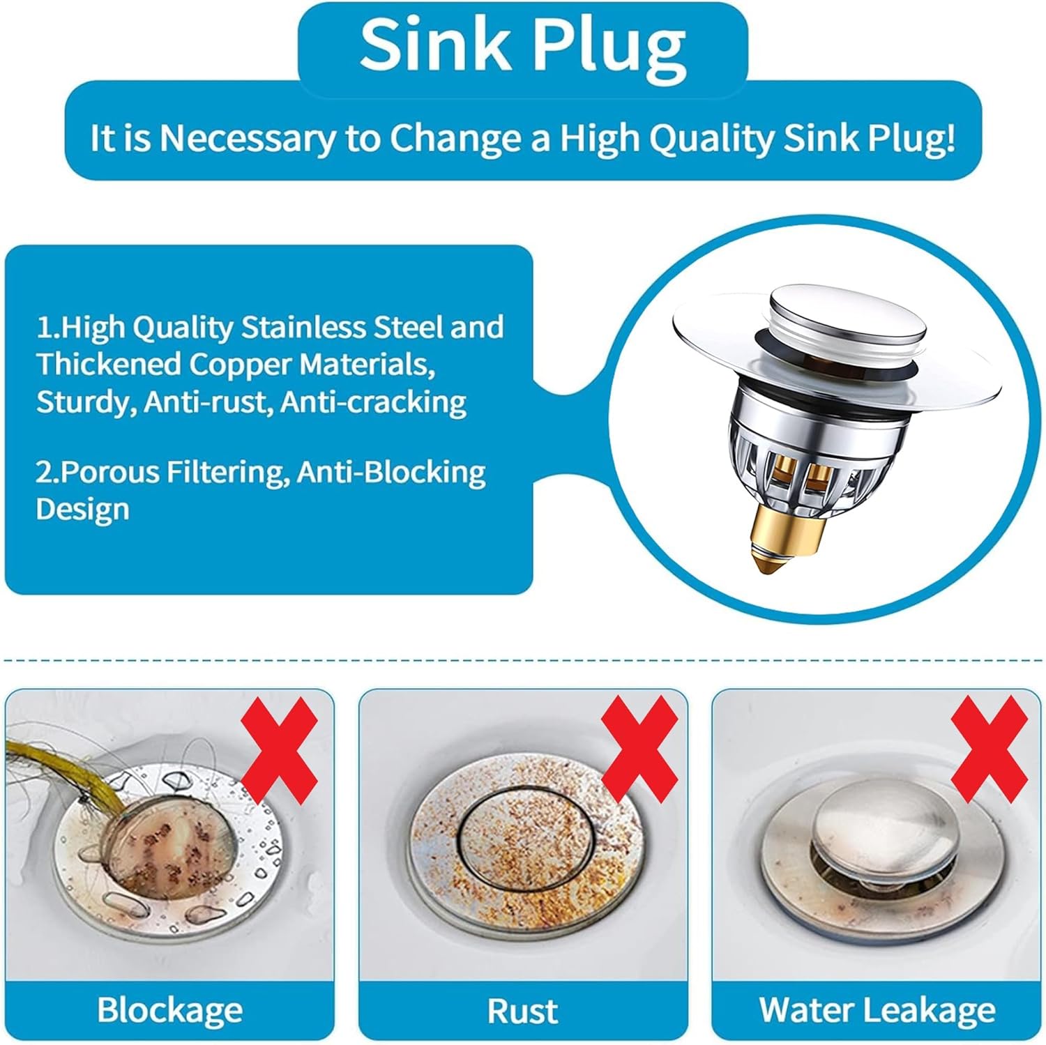 Gootsteenplug, universal, stainless steel strainer for collapsible sink plugs, drain plug for sinks 34-42 mm, suitable for bathtubs and sinks (34-42 mm) - Image 5
