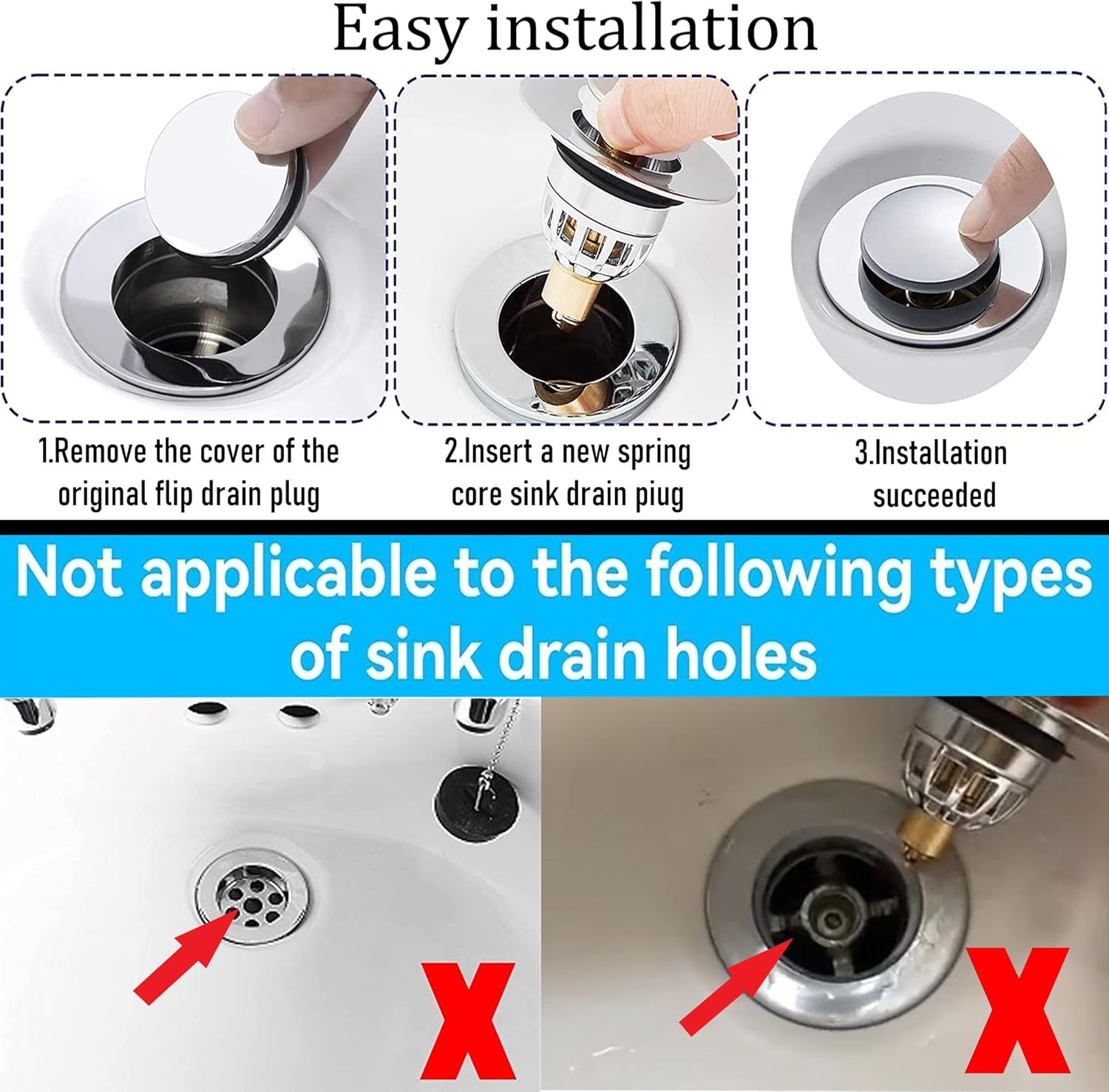 Gootsteenplug, universal, stainless steel strainer for collapsible sink plugs, drain plug for sinks 34-42 mm, suitable for bathtubs and sinks (34-42 mm) - Image 6