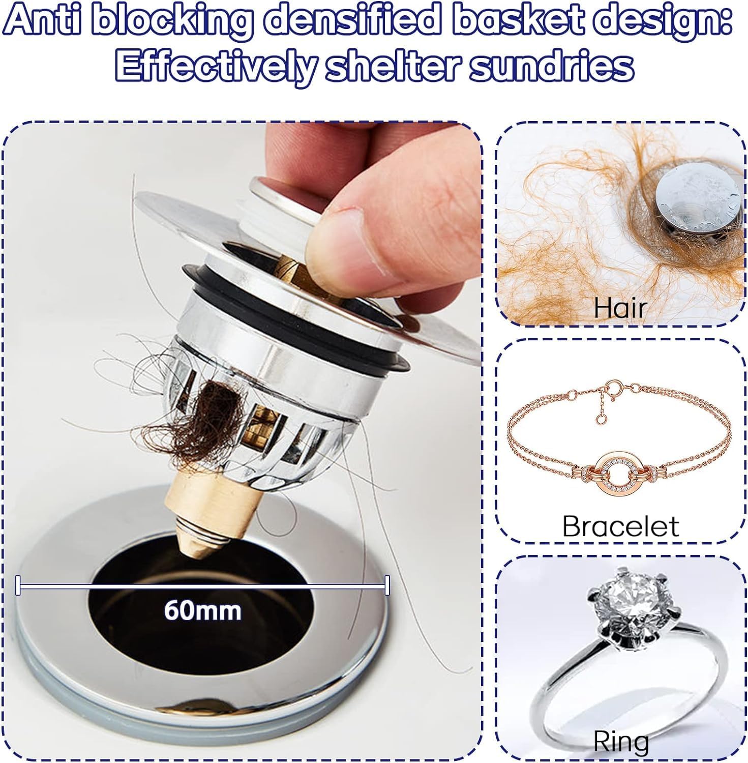 Gootsteenplug, universal, stainless steel strainer for collapsible sink plugs, drain plug for sinks 34-42 mm, suitable for bathtubs and sinks (34-42 mm) - Image 7