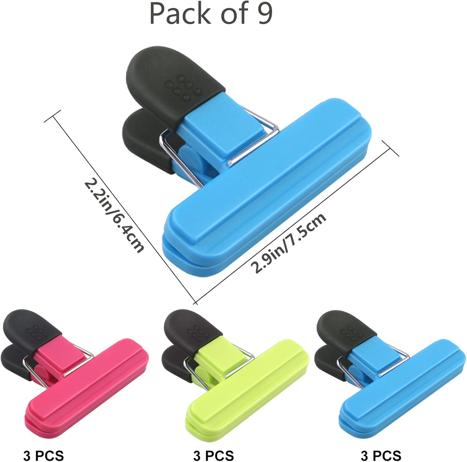 Set of 9 food clips - sturdy, airtight, reusable in 3 colours to keep food fresh - perfect for home, the kitchen, travelling and camping - Image 2