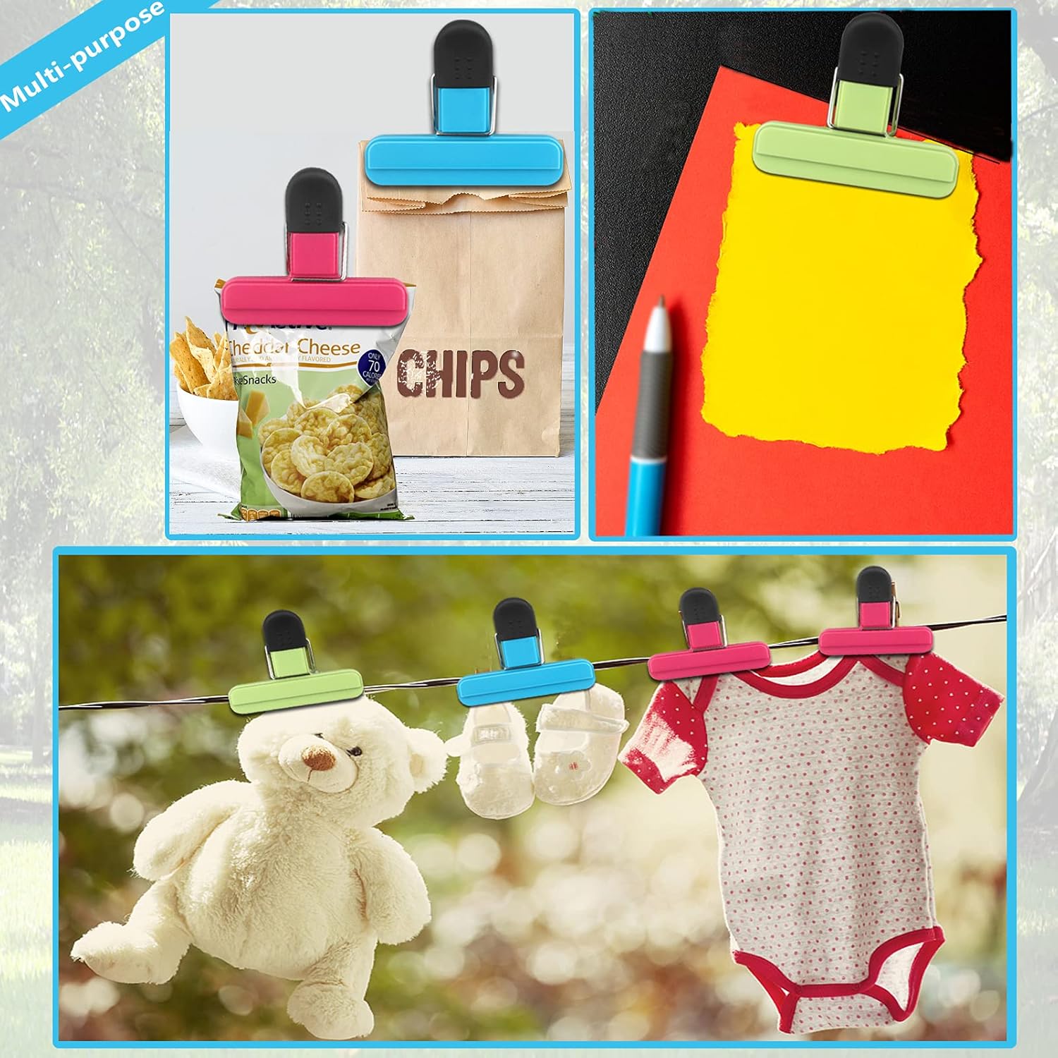 Set of 9 food clips - sturdy, airtight, reusable in 3 colours to keep food fresh - perfect for home, the kitchen, travelling and camping - Image 4