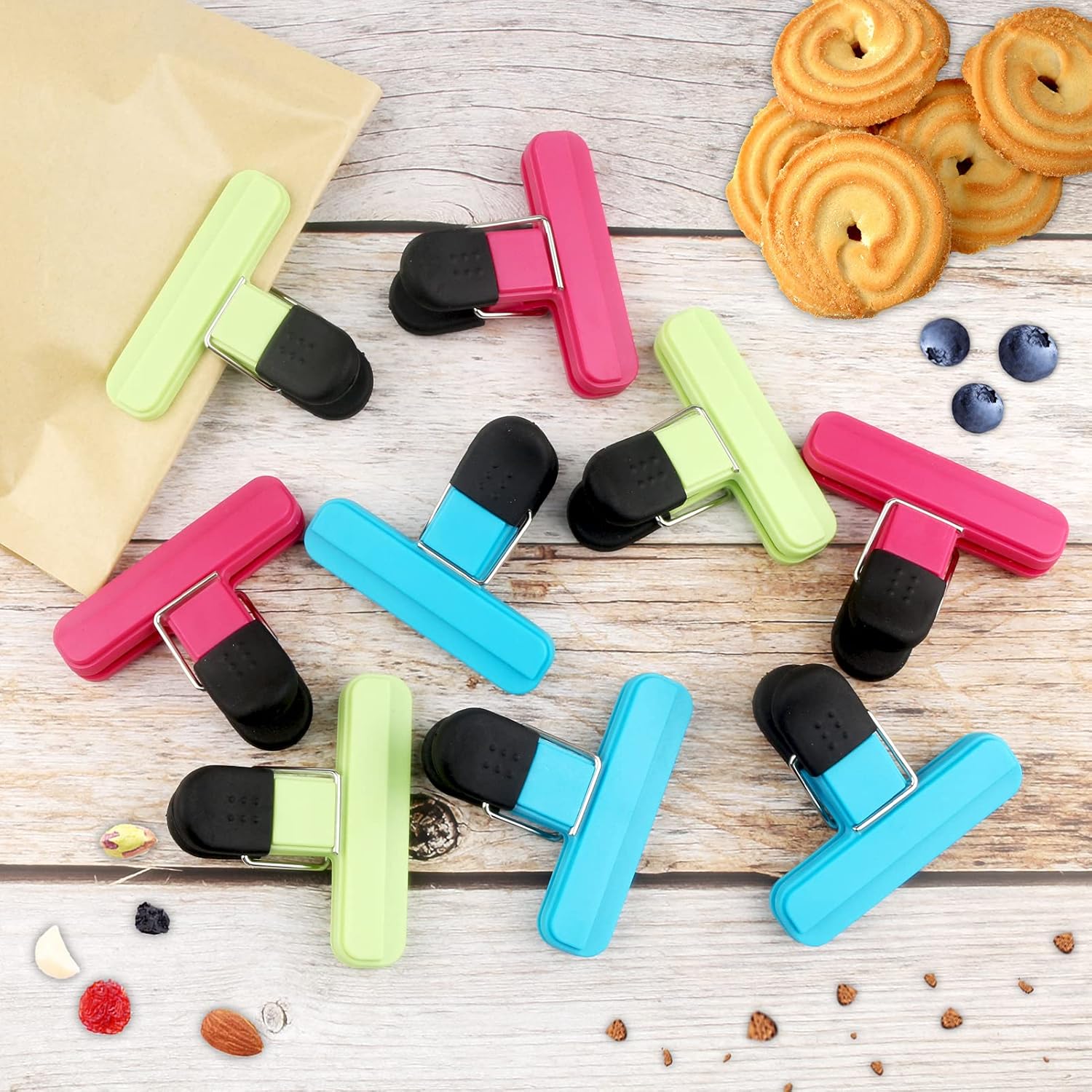 Set of 9 food clips - sturdy, airtight, reusable in 3 colours to keep food fresh - perfect for home, the kitchen, travelling and camping - Image 7