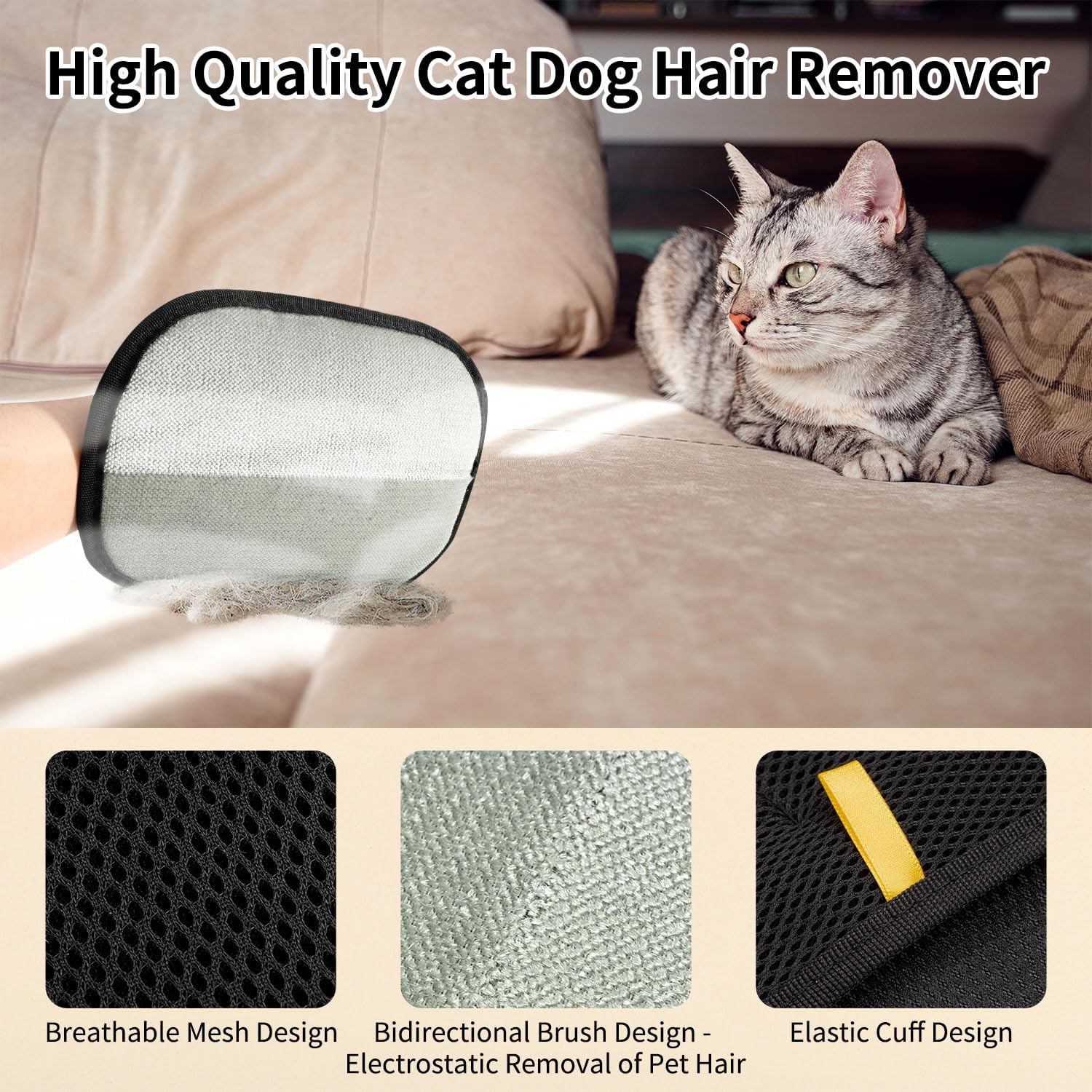 2-piece pet hair removal gloves, static pet hair removal gloves, double-sided grooming gloves, reusable pet hair removal gloves for cleaning and grooming, suitable for sofas, carpets and clothing - Image 2