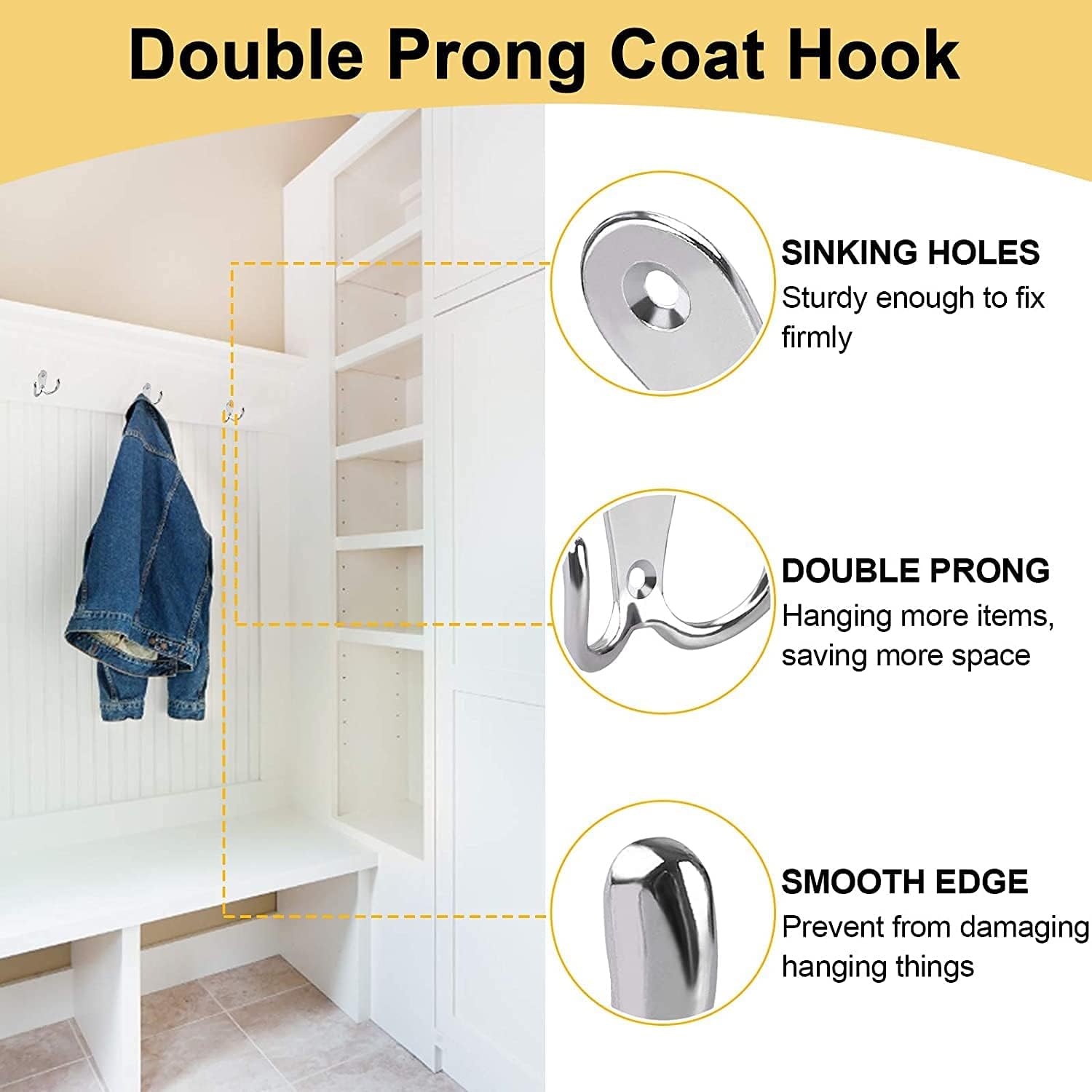 4 pieces of coat hooks with double pins, metal coat hangers, double coat hooks, suitable for bathroom, bedroom, door, wall, clothes, can hang jackets, scarves, bags, towels, keys, hats, with 8 screws - Image 3