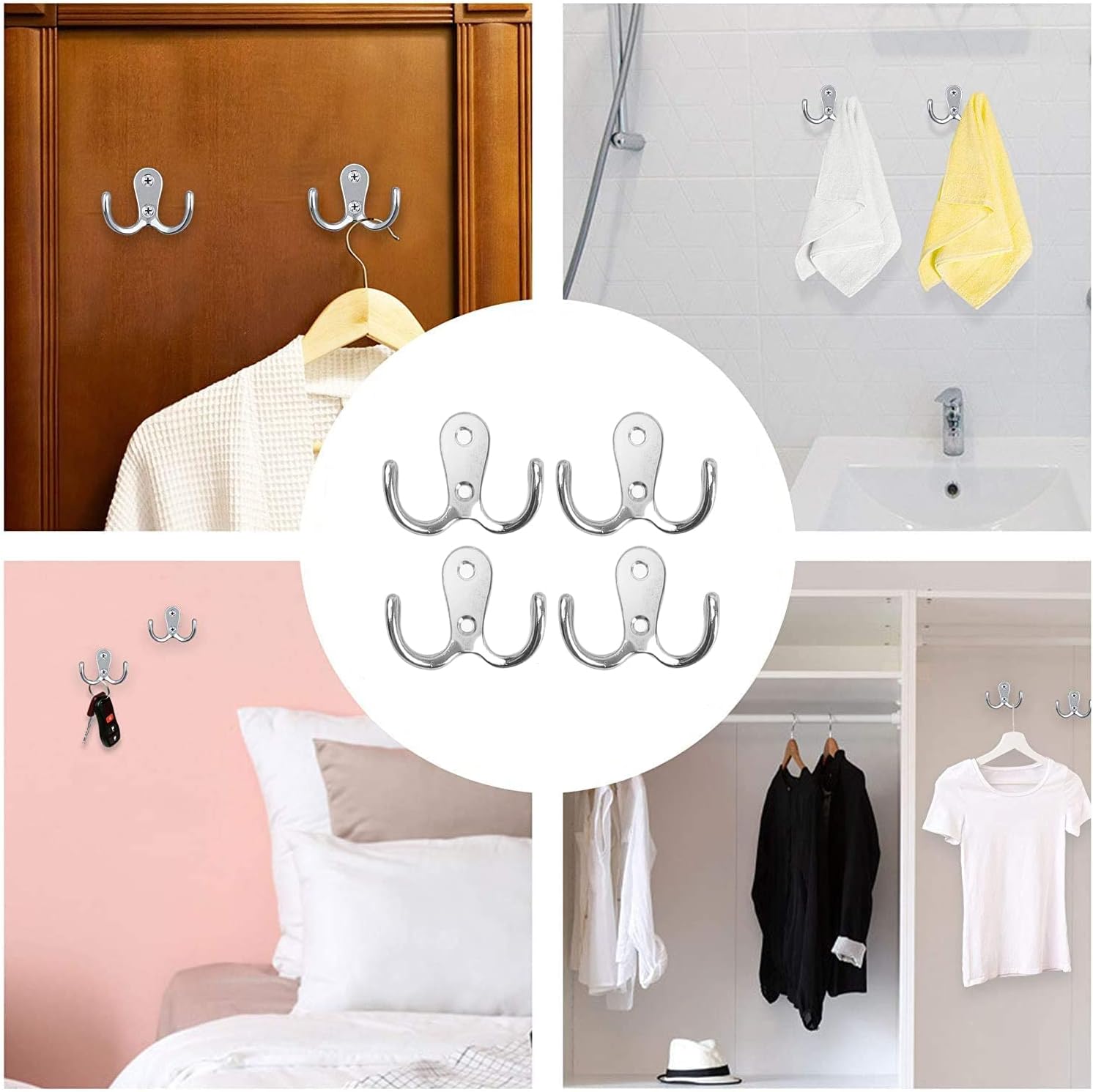 4 pieces of coat hooks with double pins, metal coat hangers, double coat hooks, suitable for bathroom, bedroom, door, wall, clothes, can hang jackets, scarves, bags, towels, keys, hats, with 8 screws - Image 8