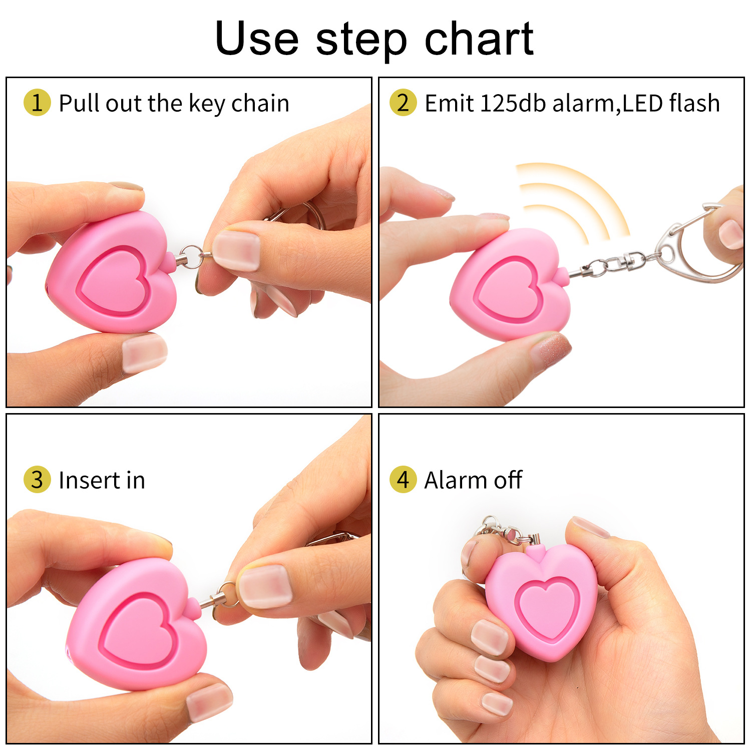 Personal alarm - 125dB - Heart-shaped - Protection device - with light - Keychain - for girls, women, children, the elderly, walking, traveling, parking, at night - Image 2