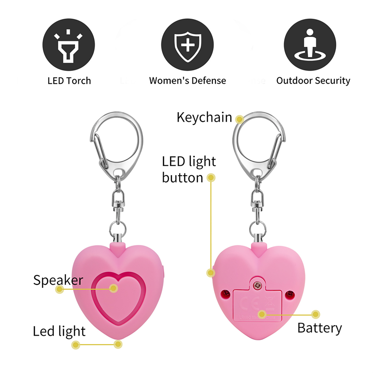 Personal alarm - 125dB - Heart-shaped - Protection device - with light - Keychain - for girls, women, children, the elderly, walking, traveling, parking, at night - Image 3
