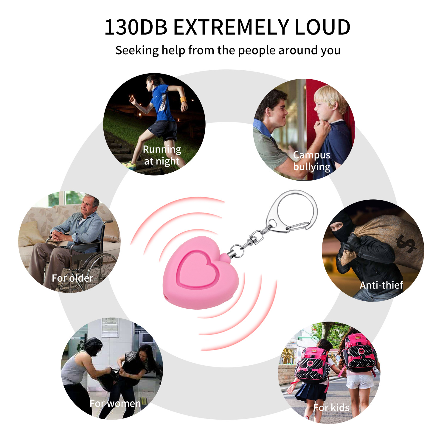 Personal alarm - 125dB - Heart-shaped - Protection device - with light - Keychain - for girls, women, children, the elderly, walking, traveling, parking, at night - Image 5
