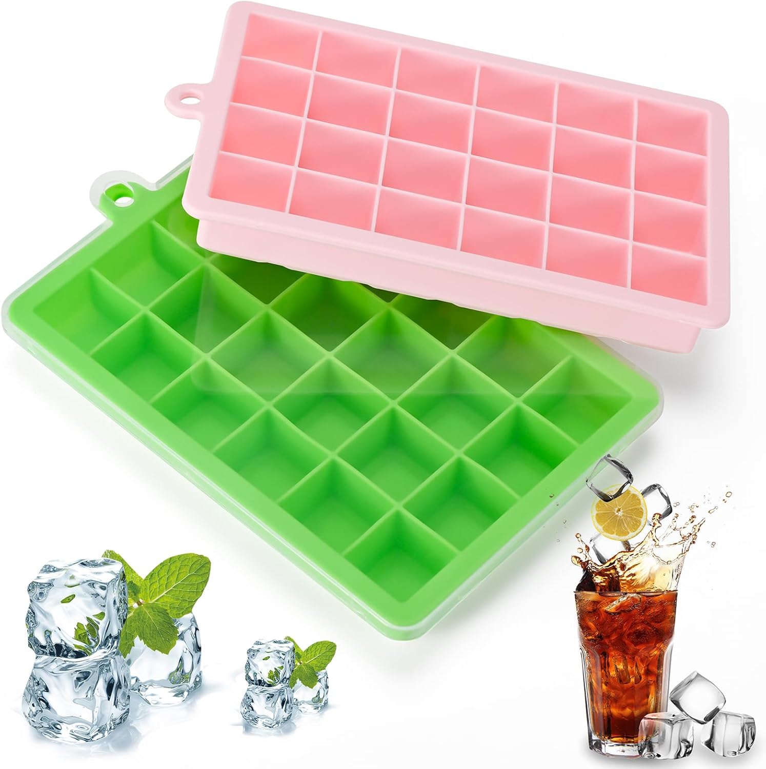 Silicone ice cube trays, flexible ice cube molds with removable lids, set of 2 ice cube trays, 24 ice cube molds per tray, suitable for whisky (pack of 2) (pink + green) - Image 1
