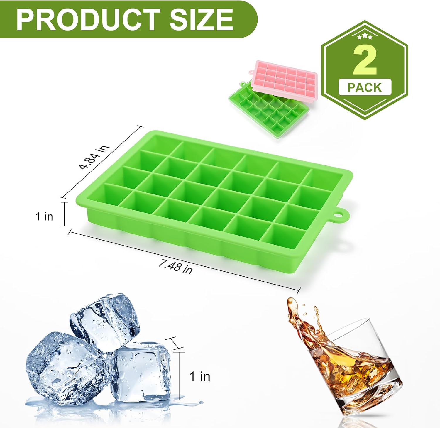Silicone ice cube trays, flexible ice cube molds with removable lids, set of 2 ice cube trays, 24 ice cube molds per tray, suitable for whisky (pack of 2) (pink + green) - Image 2