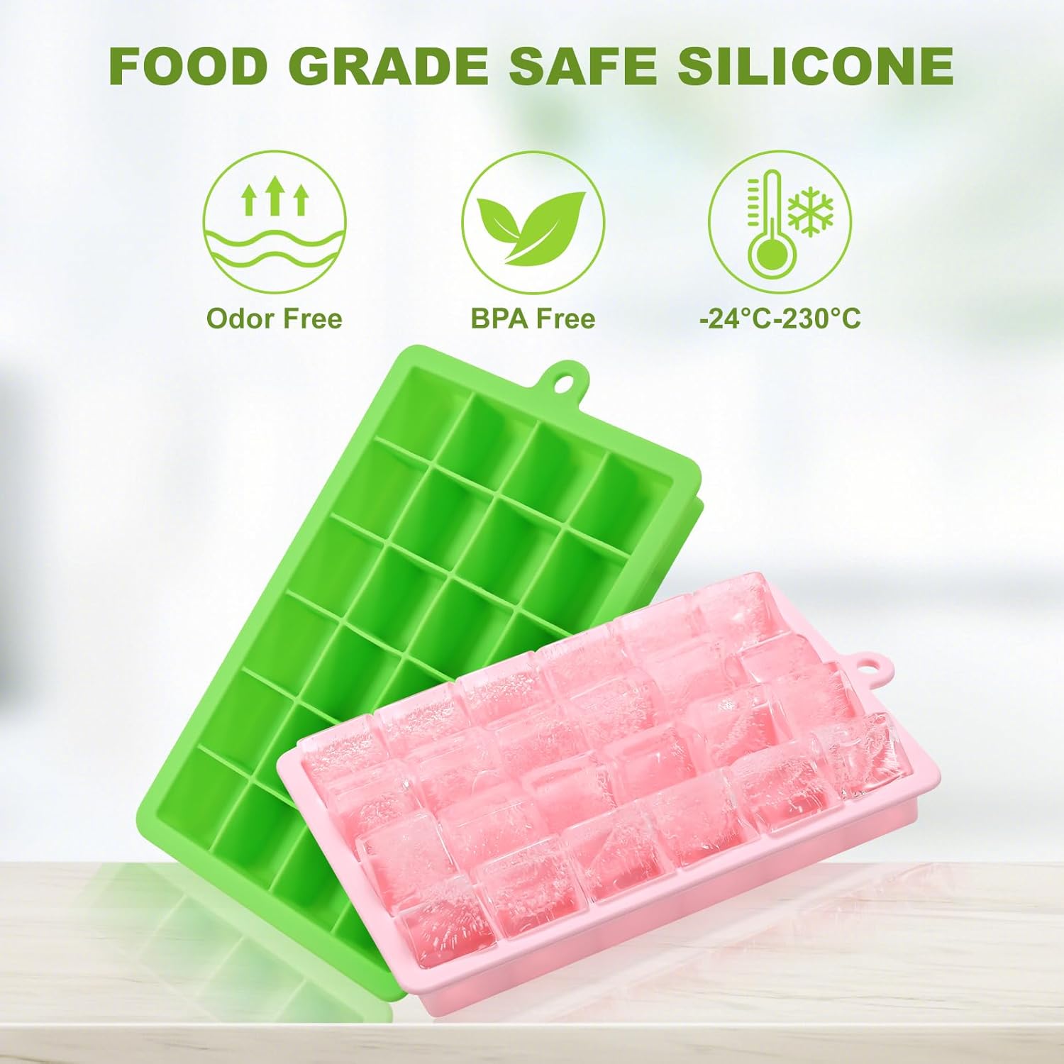 Silicone ice cube trays, flexible ice cube molds with removable lids, set of 2 ice cube trays, 24 ice cube molds per tray, suitable for whisky (pack of 2) (pink + green) - Image 3