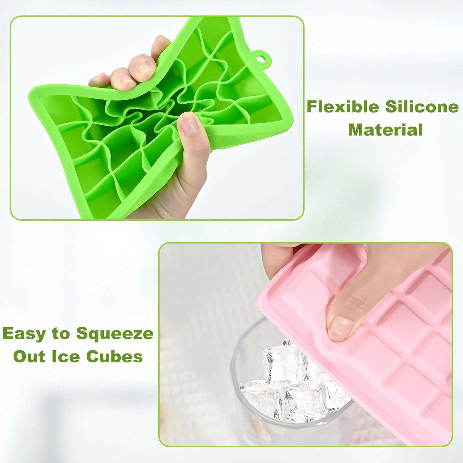 Silicone ice cube trays, flexible ice cube molds with removable lids, set of 2 ice cube trays, 24 ice cube molds per tray, suitable for whisky (pack of 2) (pink + green) - Image 4