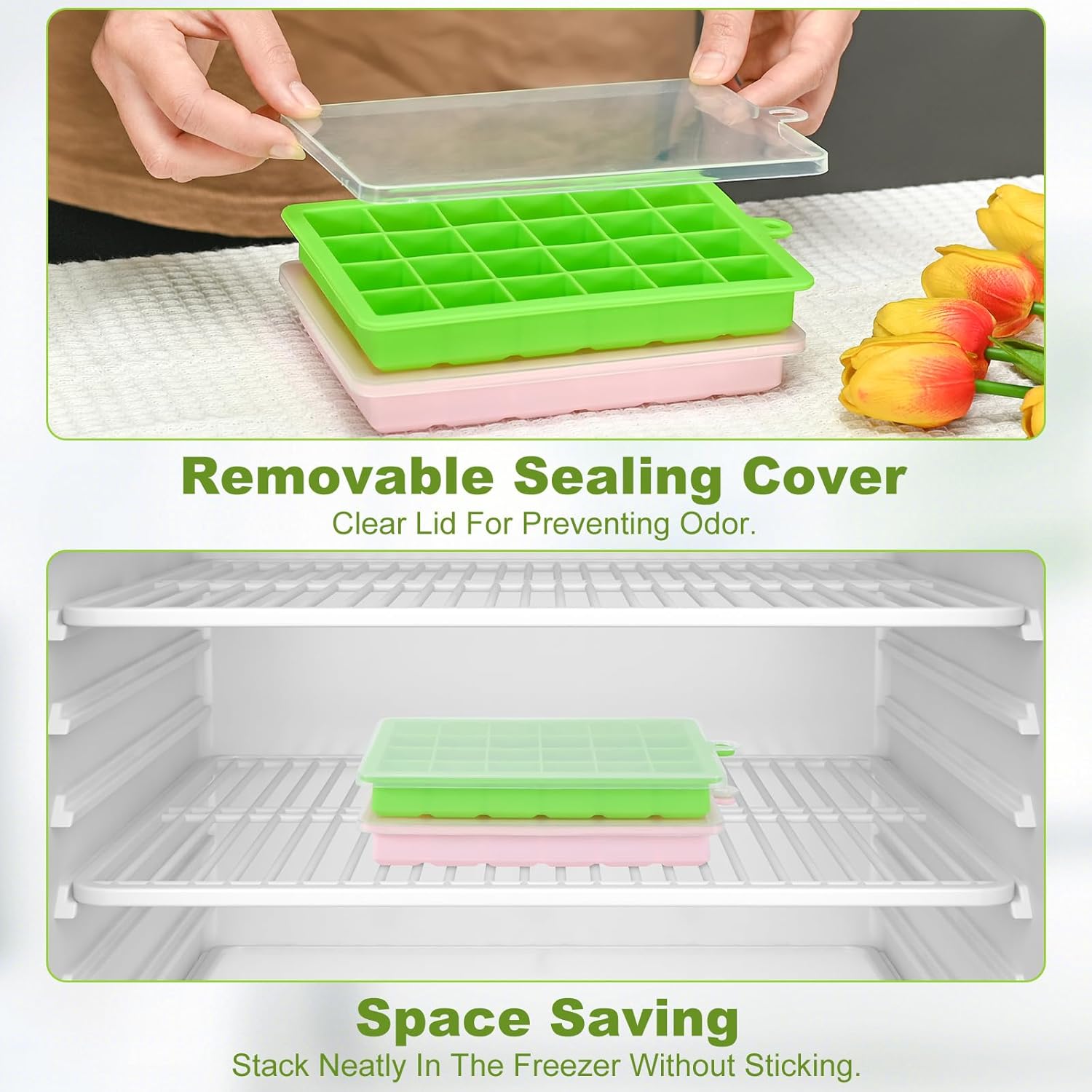Silicone ice cube trays, flexible ice cube molds with removable lids, set of 2 ice cube trays, 24 ice cube molds per tray, suitable for whisky (pack of 2) (pink + green) - Image 5