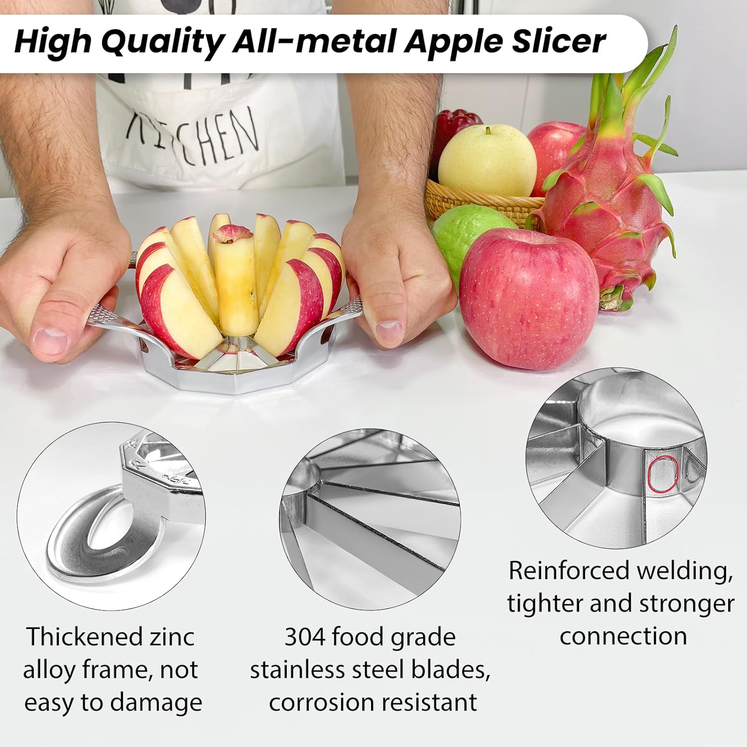 Apple corer, apple drill, fully metal apple corer and drill with 12 stainless steel blades, large apple corer for cutting apples up to 10 cm, comfortable wide non-slip handle - Image 3