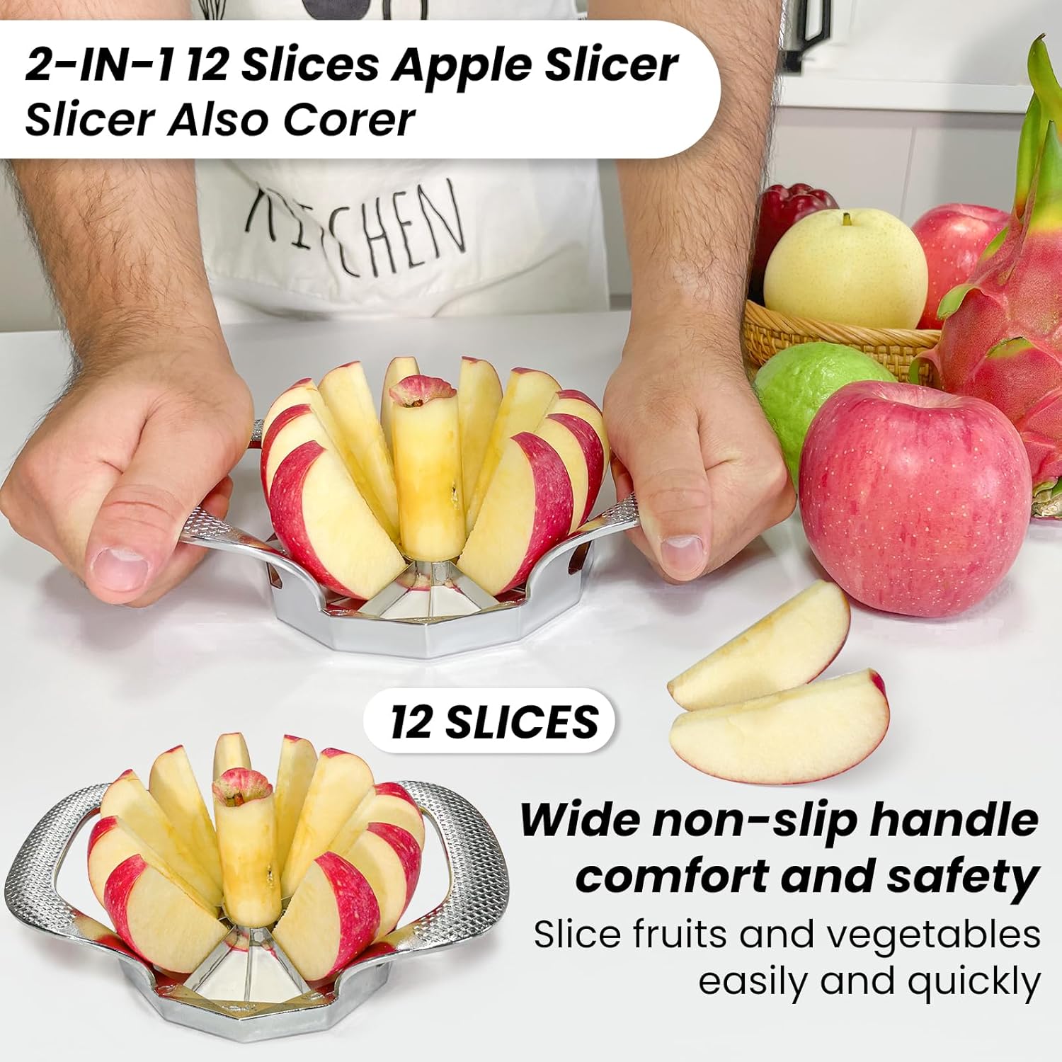 Apple corer, apple drill, fully metal apple corer and drill with 12 stainless steel blades, large apple corer for cutting apples up to 10 cm, comfortable wide non-slip handle - Image 5