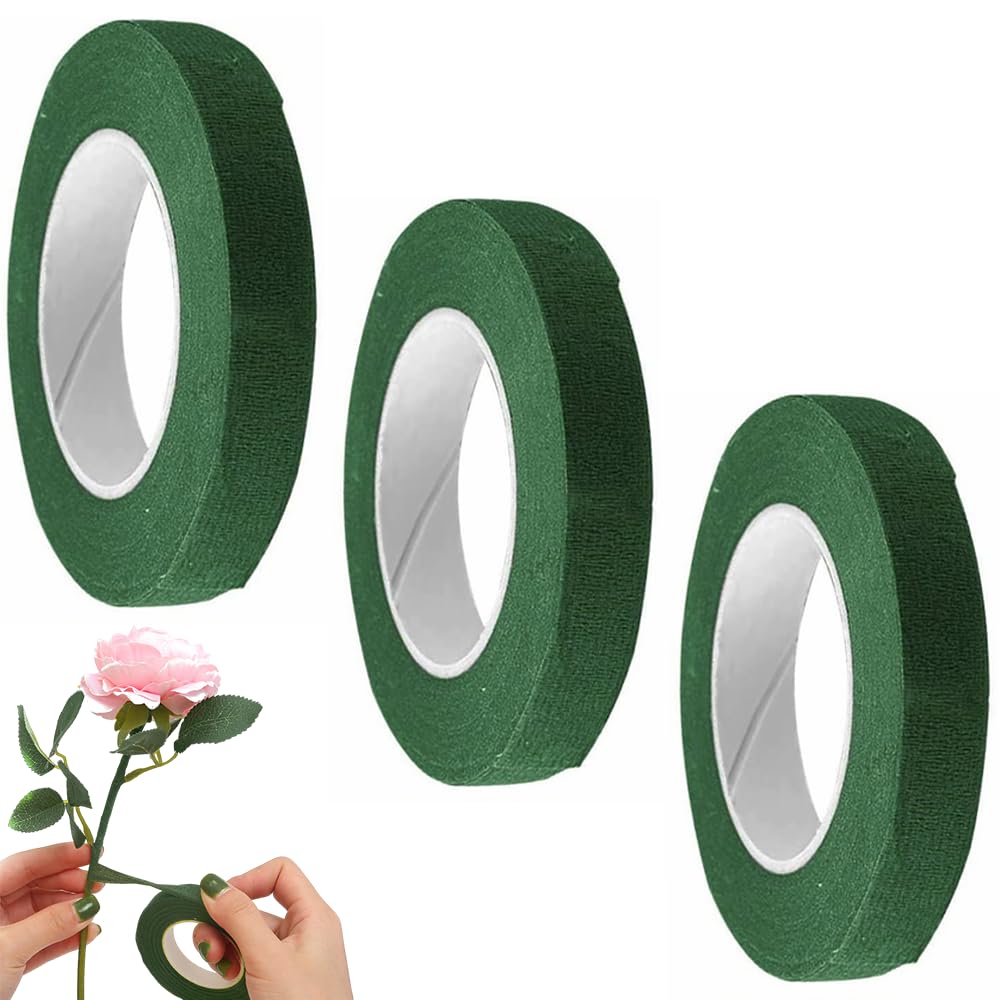 3 rolls of flower tape - 12 mm wide dark green flower tape for wrapping bouquet stems and DIY craft projects - 30 metres per roll - Image 1