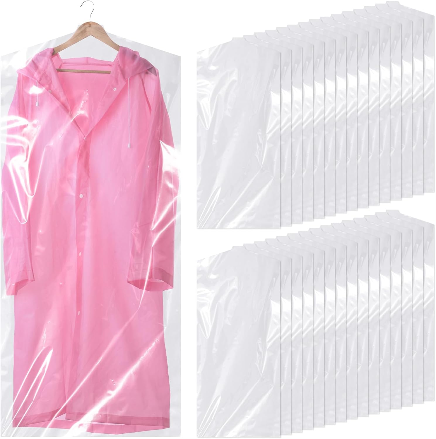 30 plastic clothing covers, 60*140cm laundry bags, transparent clothes hangers, clothing bags, dustproof garment protectors for clothes, shirts, jackets, suits, jumpers (transparent) - Image 1