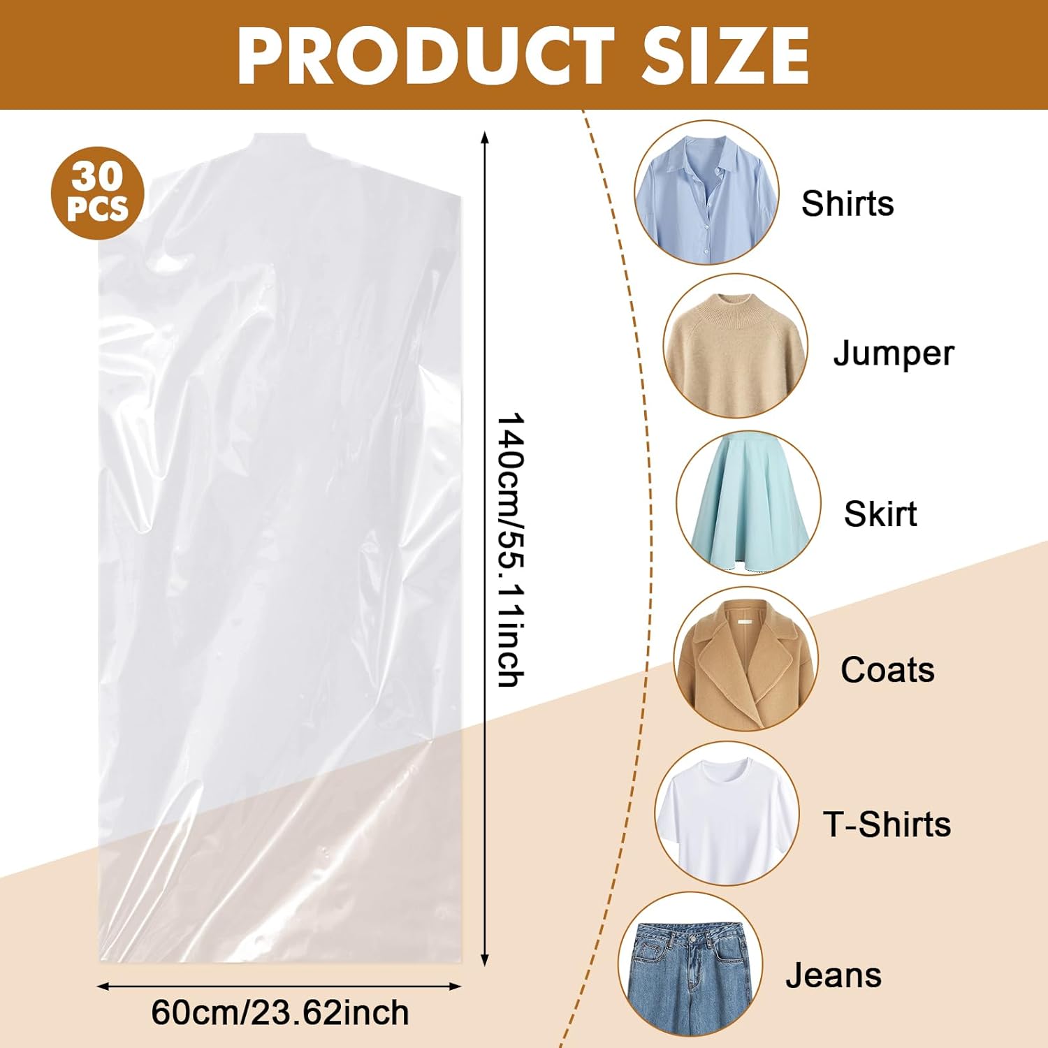 30 plastic clothing covers, 60*140cm laundry bags, transparent clothes hangers, clothing bags, dustproof garment protectors for clothes, shirts, jackets, suits, jumpers (transparent) - Image 3