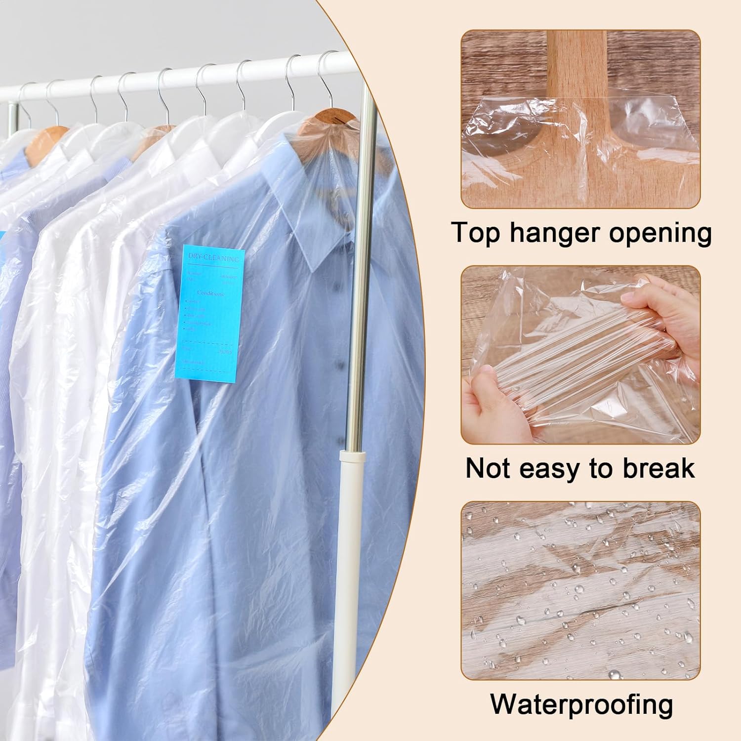 30 plastic clothing covers, 60*140cm laundry bags, transparent clothes hangers, clothing bags, dustproof garment protectors for clothes, shirts, jackets, suits, jumpers (transparent) - Image 6