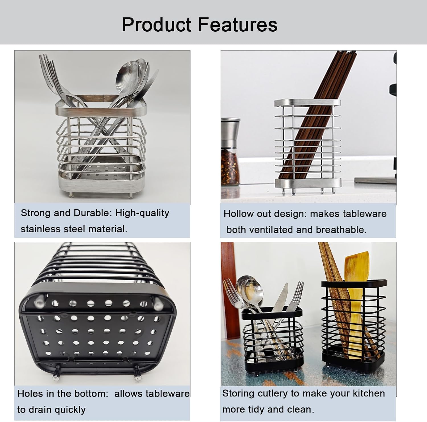 Kitchen utensil holder, stainless steel cutlery rack, sink holder, stainless steel sink organizer, kitchen utensil cutlery holder (black) - Image 3