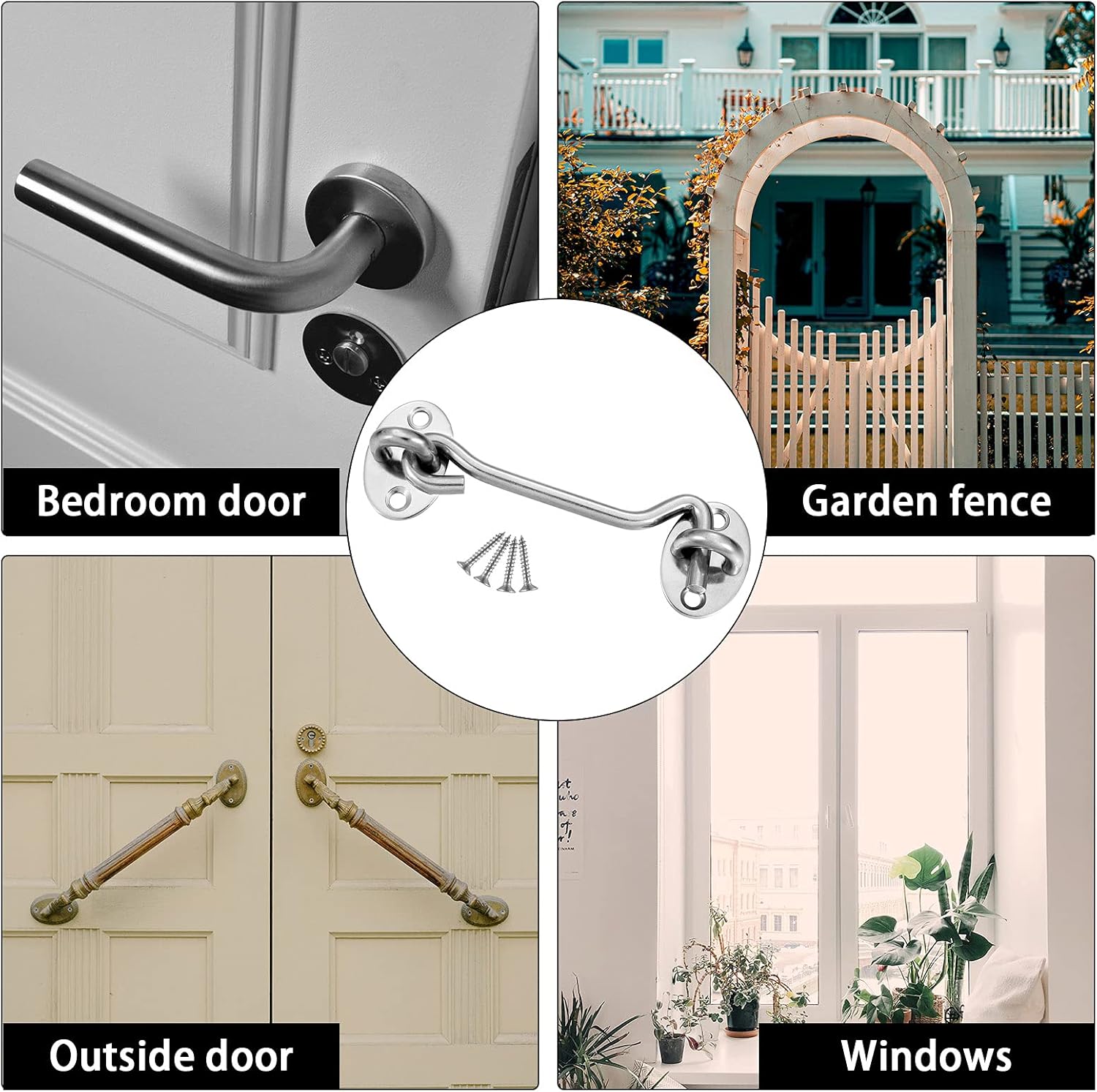 2-pack cabin door latches with hook and eye, 10 cm stainless steel door lock with mounting screws, sturdy twist latch for windows, sliding doors, bedrooms and bathrooms - Image 3