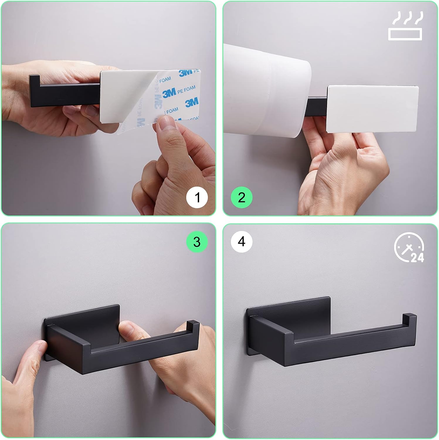 Toilet roll holder - No drilling required, high-quality 304 stainless steel toilet roll holder, self-adhesive, suitable for bathroom and kitchen, strong adhesion, waterproof, black - Image 5