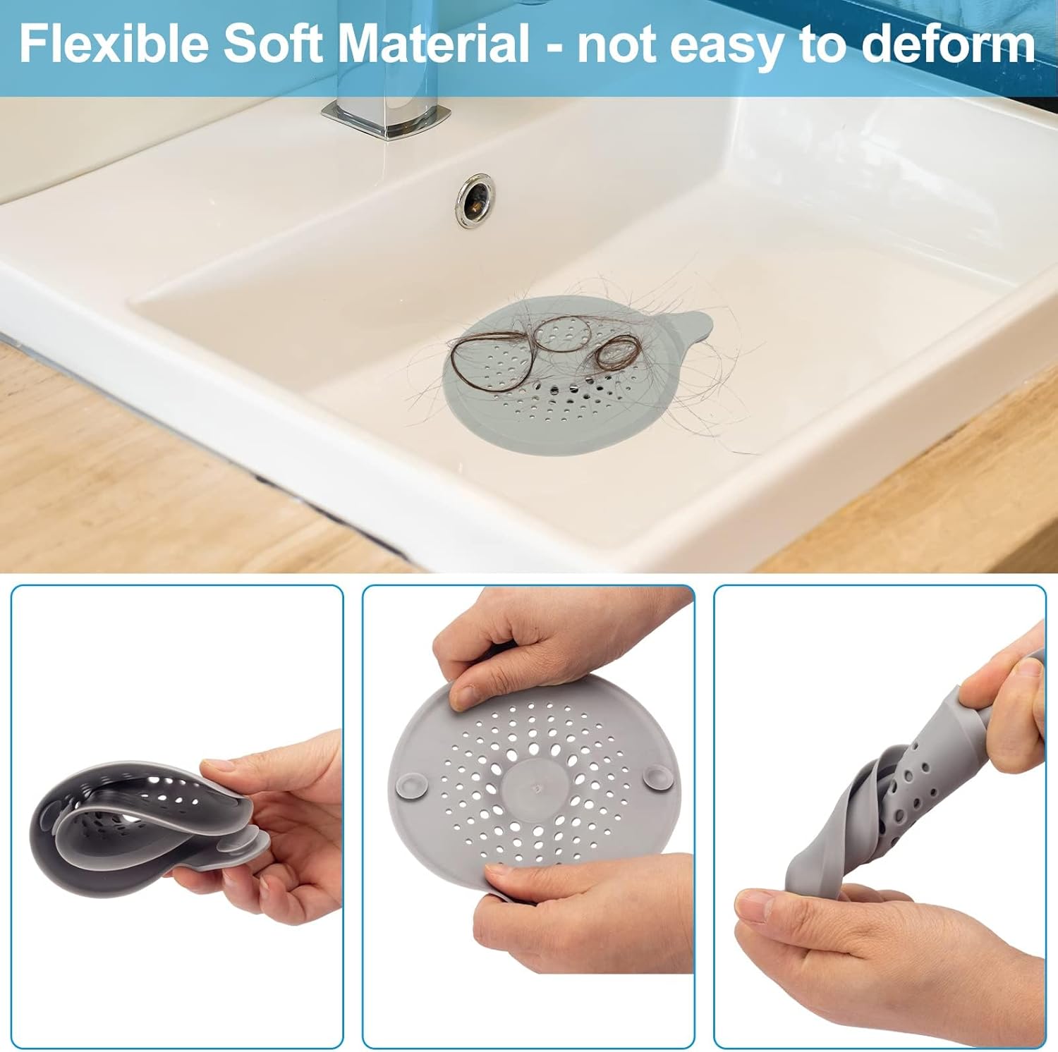 2-pack shower drain hair catchers with strong suction cups, silicone sink strainer protector, shower drain cover, hair stopper, sink strainer for bathroom, bathtub, kitchen sink (white + grey) - Image 2