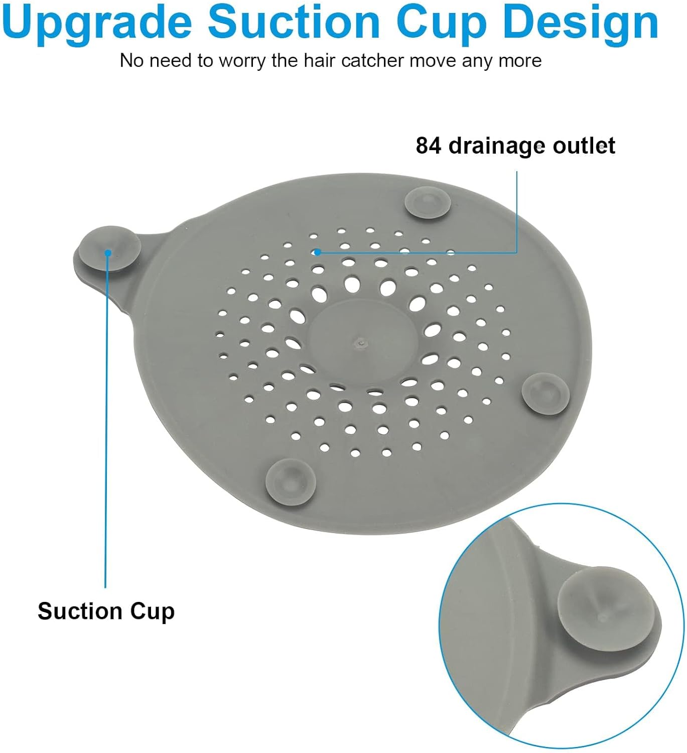 2-pack shower drain hair catchers with strong suction cups, silicone sink strainer protector, shower drain cover, hair stopper, sink strainer for bathroom, bathtub, kitchen sink (white + grey) - Image 4