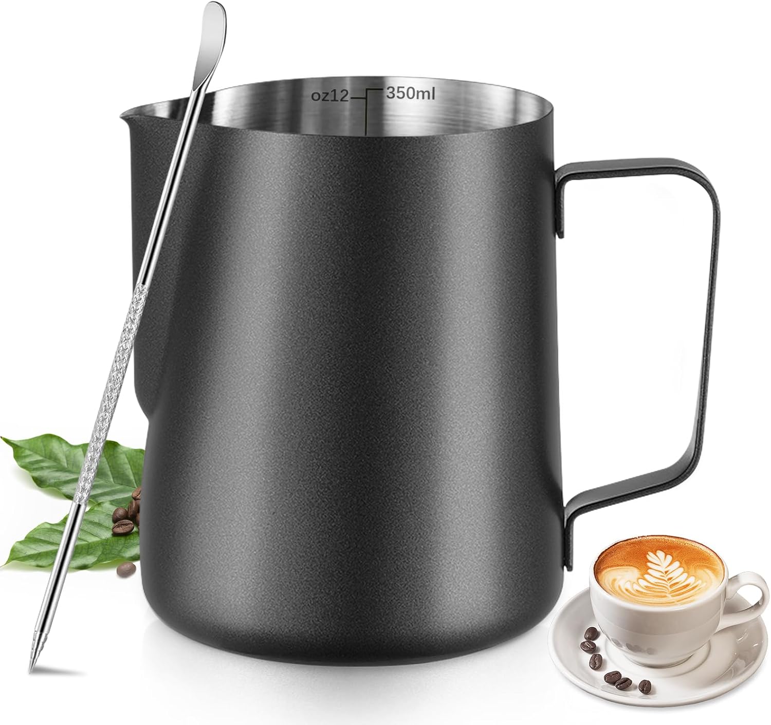 Melkopschuimpot - 350 ml stainless steel milk frothing jug for milk, coffee, cappuccino, latte art, barista frothing jug with decorative pen [black] - Image 1