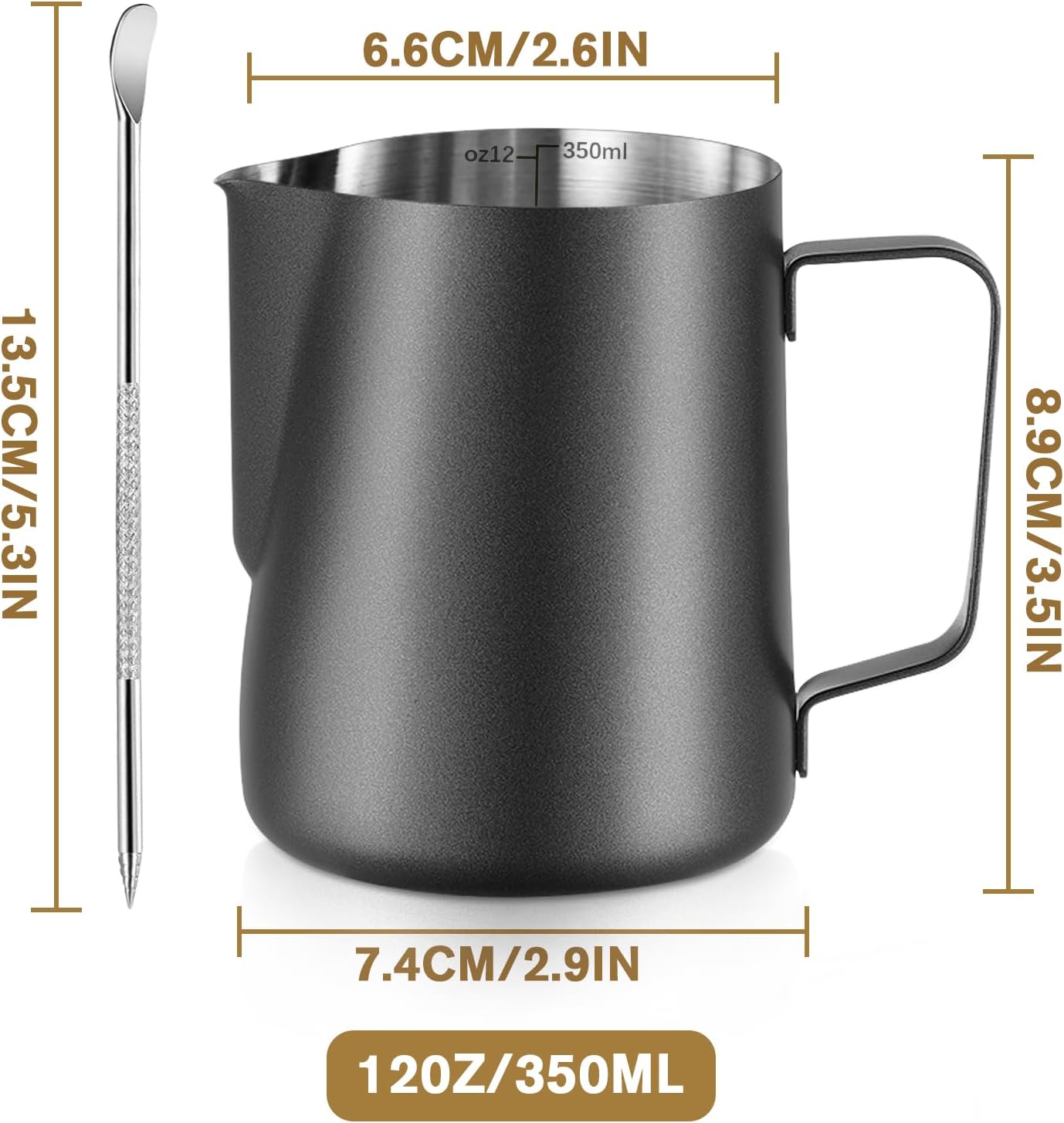 Melkopschuimpot - 350 ml stainless steel milk frothing jug for milk, coffee, cappuccino, latte art, barista frothing jug with decorative pen [black] - Image 2