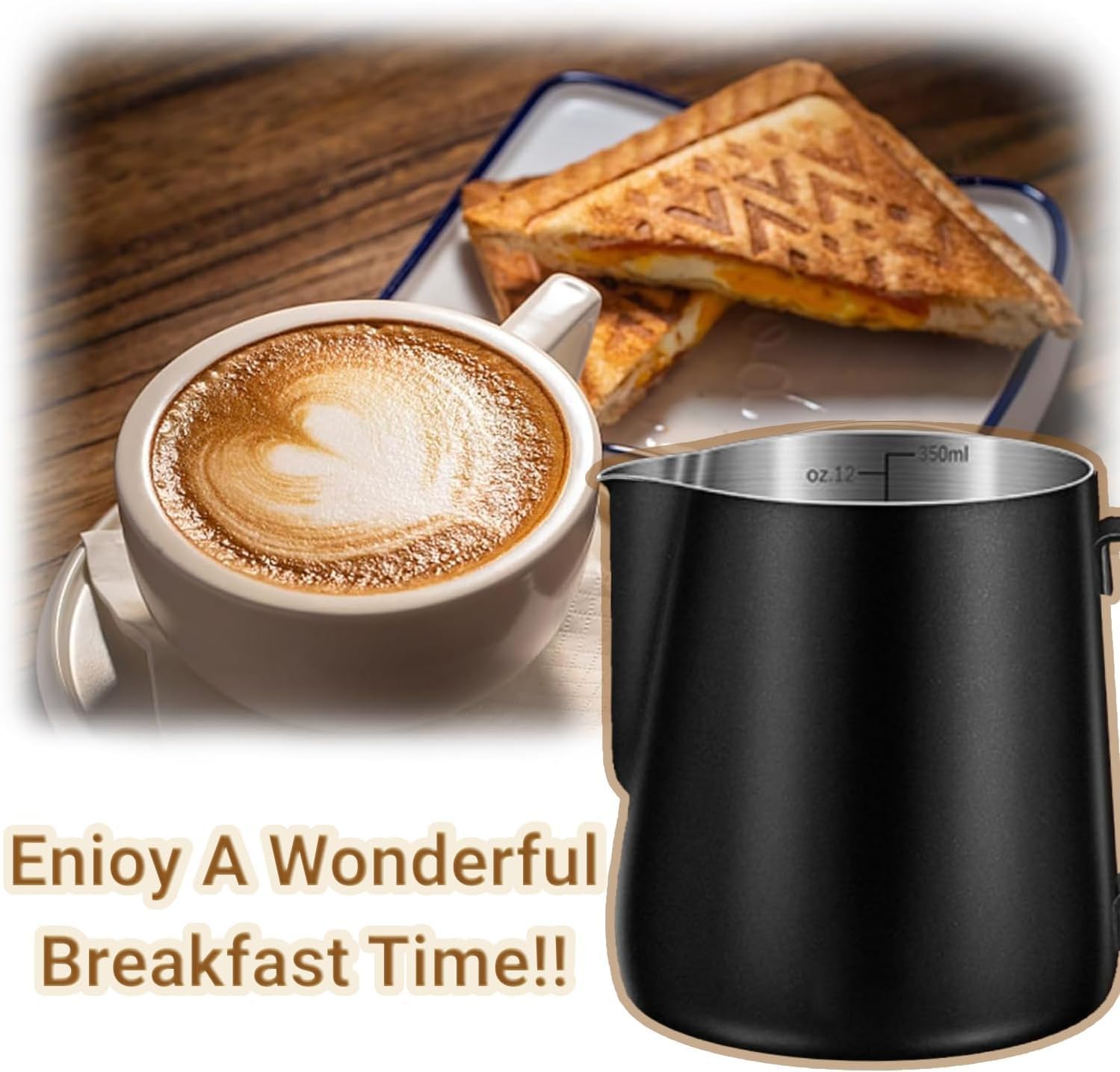 Melkopschuimpot - 350 ml stainless steel milk frothing jug for milk, coffee, cappuccino, latte art, barista frothing jug with decorative pen [black] - Image 3