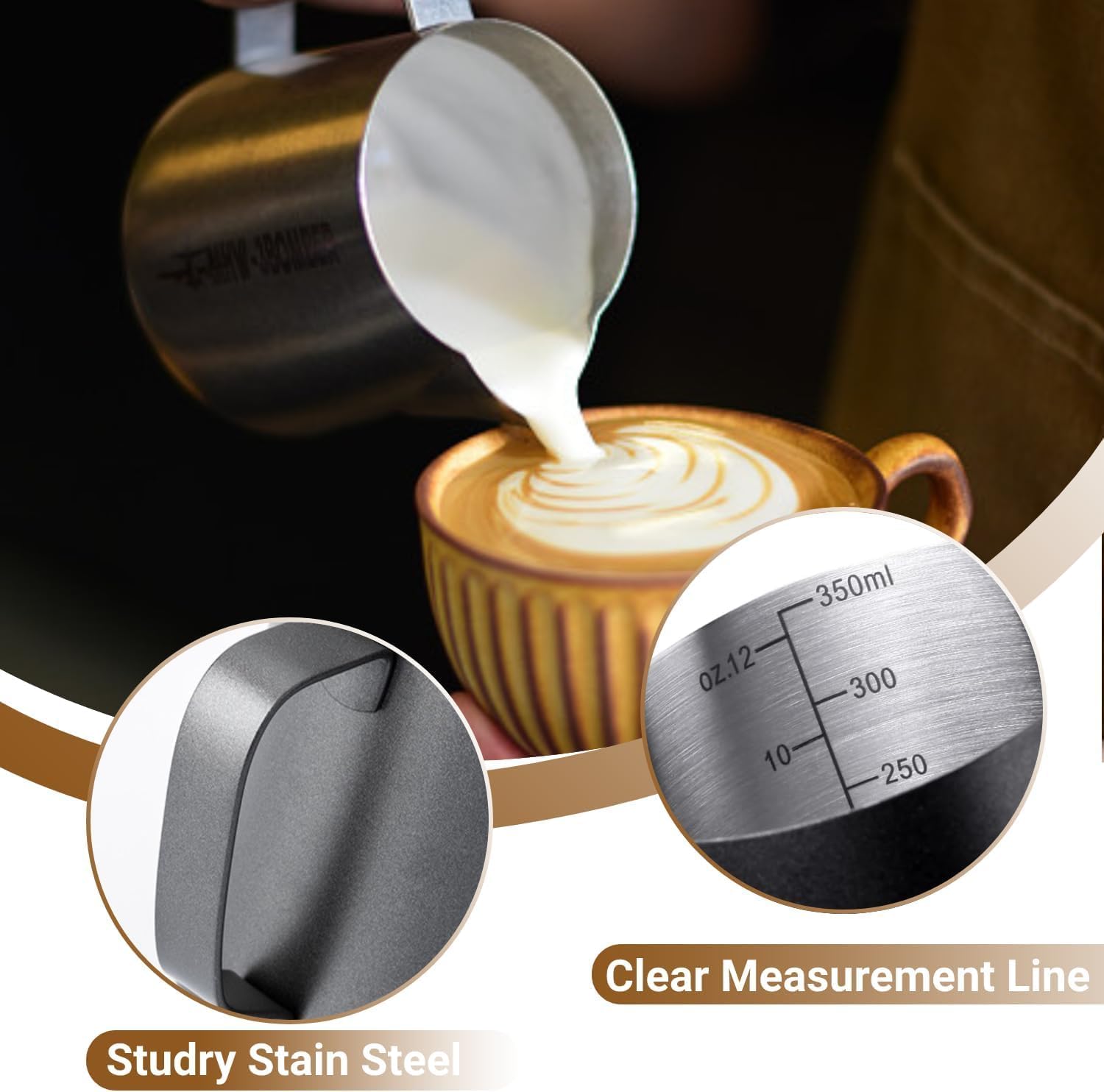 Melkopschuimpot - 350 ml stainless steel milk frothing jug for milk, coffee, cappuccino, latte art, barista frothing jug with decorative pen [black] - Image 4