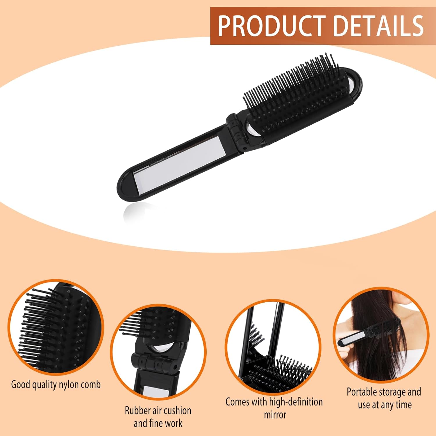 2 pieces of foldable hairbrush - portable travel hairbrush with pocket-sized mirror, anti-static mini hairbrush - small compact massage comb, hair styling tool - for women, girls, home, travel, gym, purse (black) - Image 4