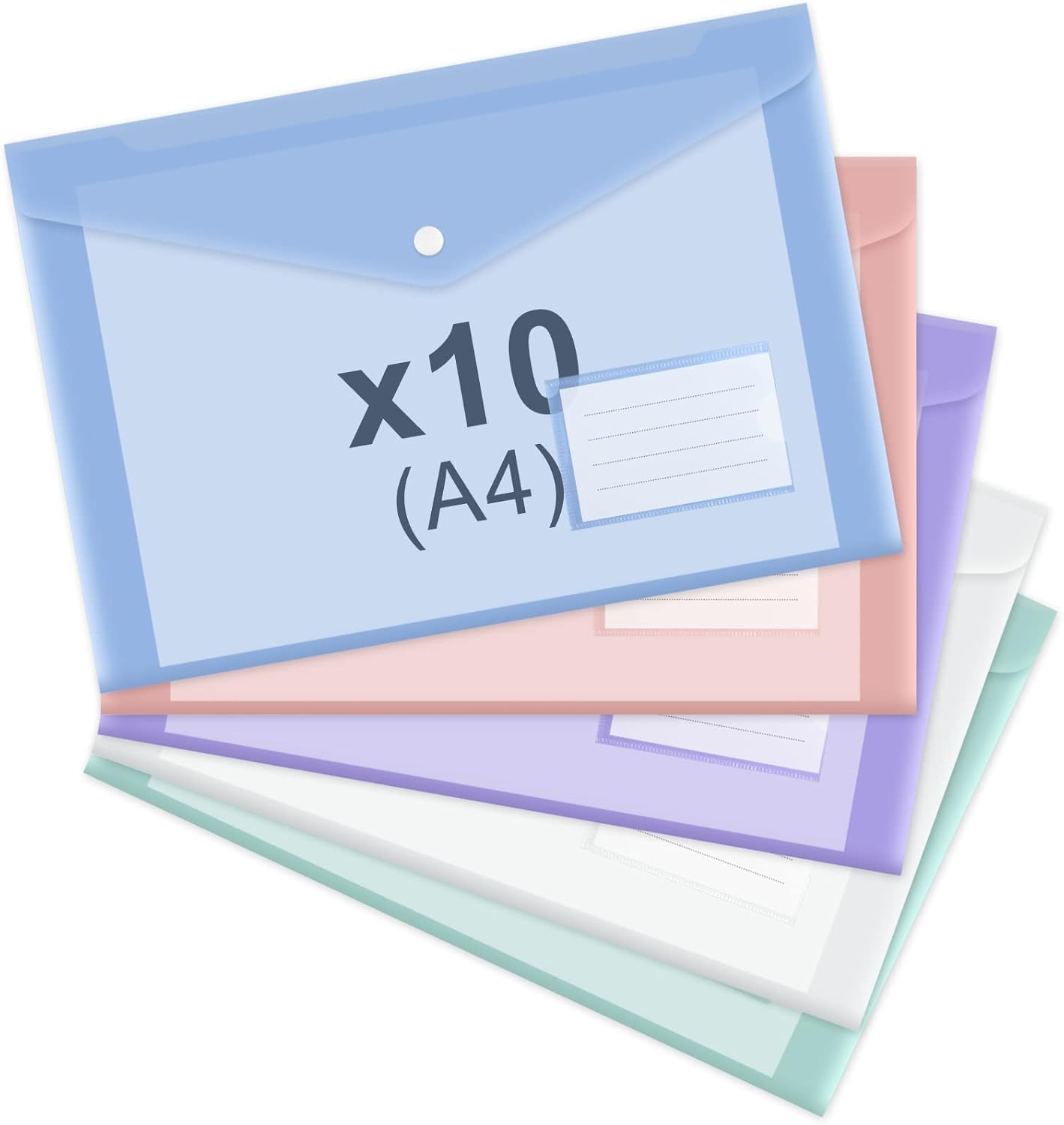 10 pieces of A4 plastic envelope folders, transparent envelopes with press studs, A4 folders with label pockets for school, homework and office, 5 colours - Image 1