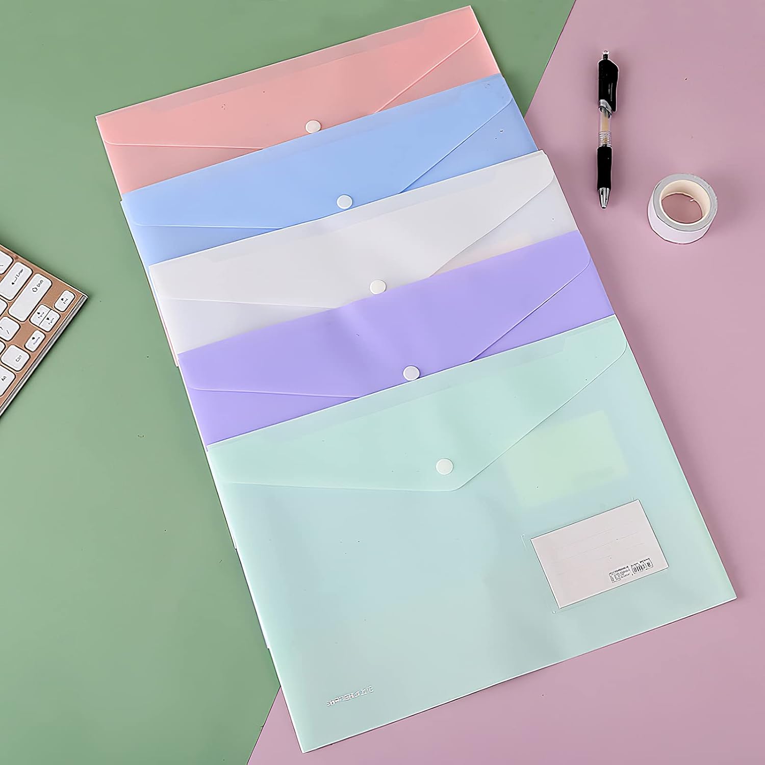 10 pieces of A4 plastic envelope folders, transparent envelopes with press studs, A4 folders with label pockets for school, homework and office, 5 colours - Image 3
