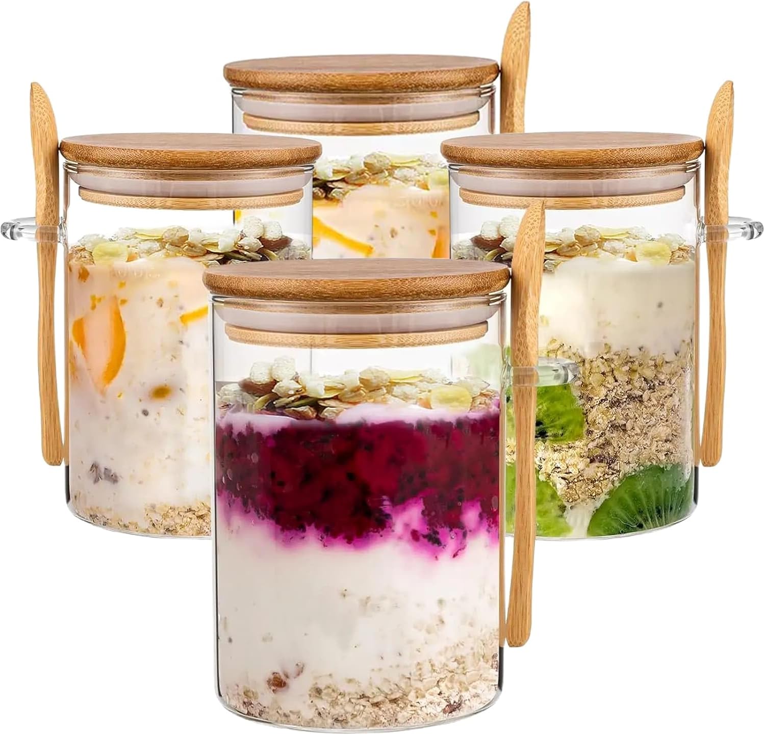 4-pack overnight oats containers with wooden lids and spoons, 473 ml overnight oats jars, glass food containers for oatmeal, chia seed pudding, yoghurt, salad and breakfast cereals - Image 1