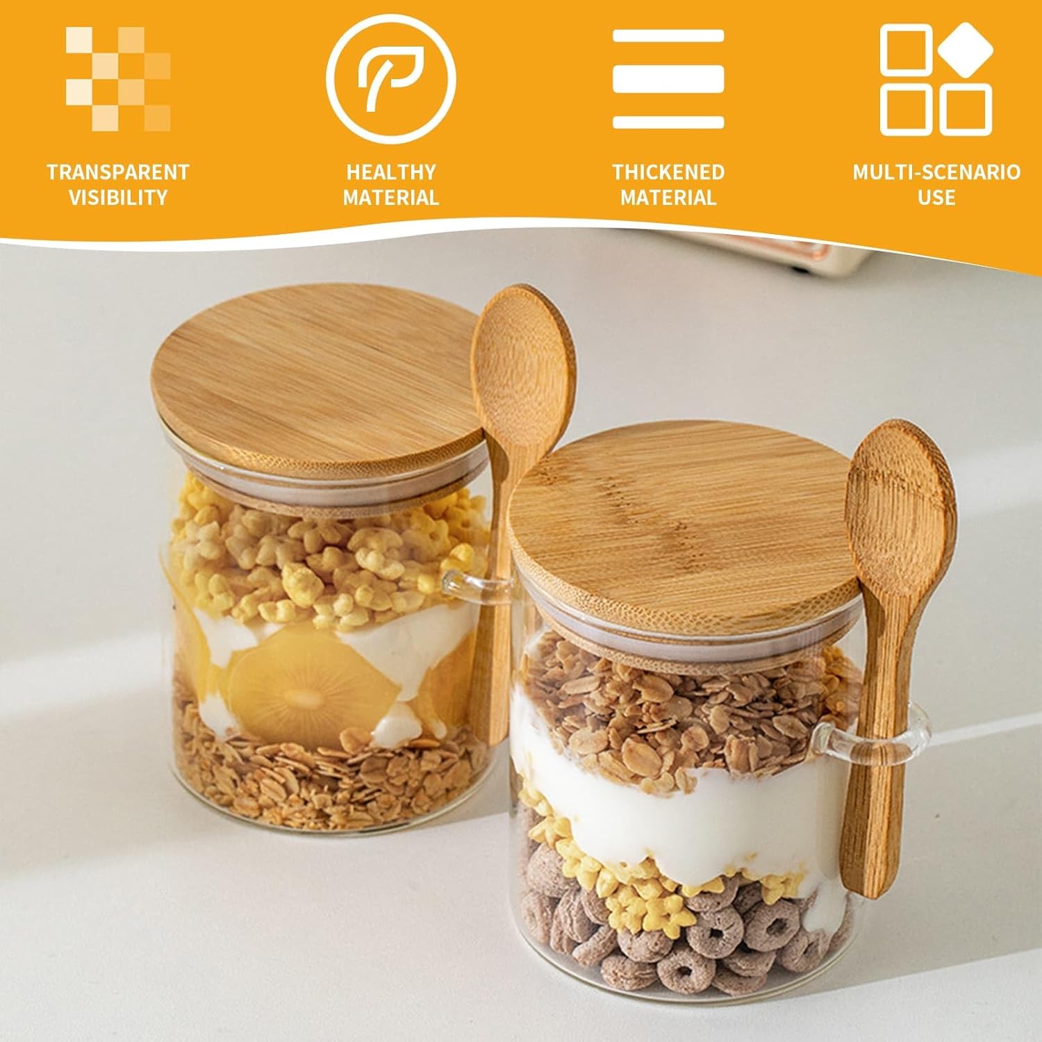 4-pack overnight oats containers with wooden lids and spoons, 473 ml overnight oats jars, glass food containers for oatmeal, chia seed pudding, yoghurt, salad and breakfast cereals - Image 3