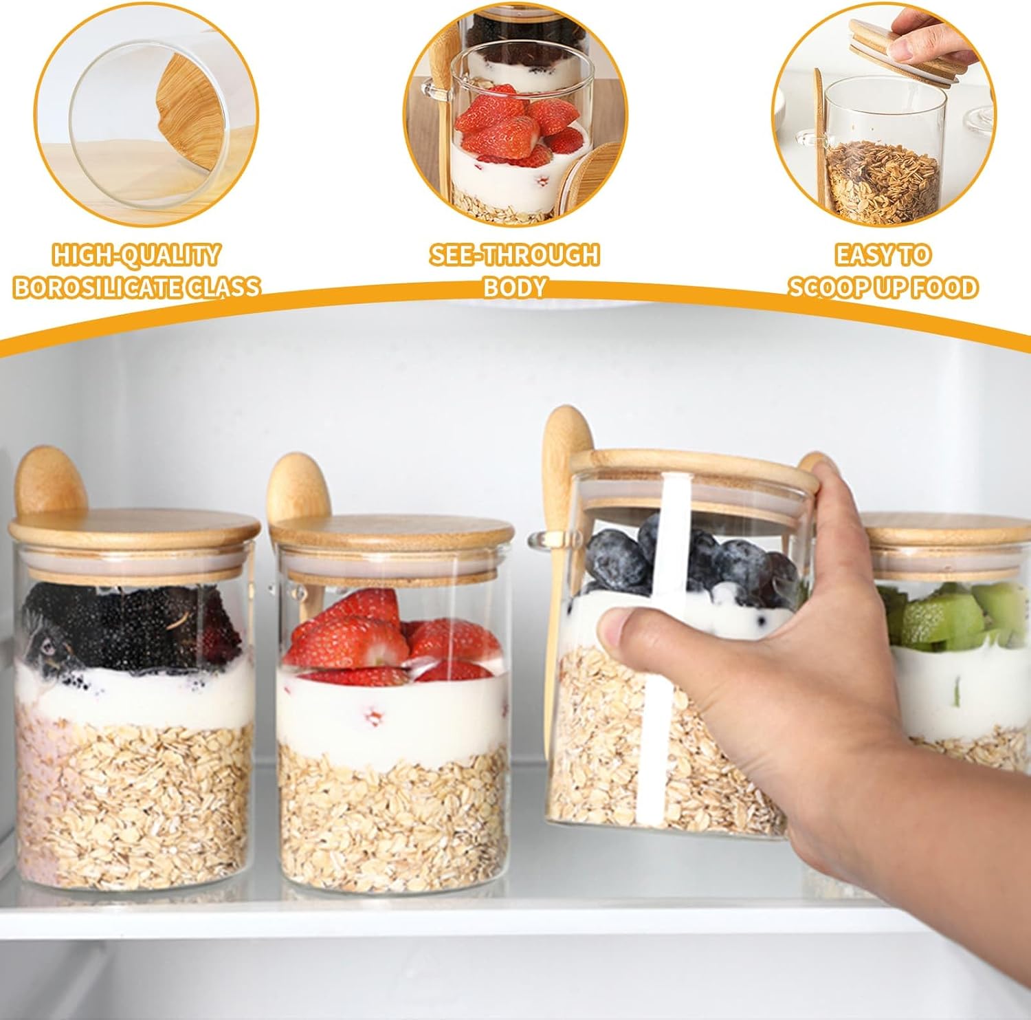 4-pack overnight oats containers with wooden lids and spoons, 473 ml overnight oats jars, glass food containers for oatmeal, chia seed pudding, yoghurt, salad and breakfast cereals - Image 4