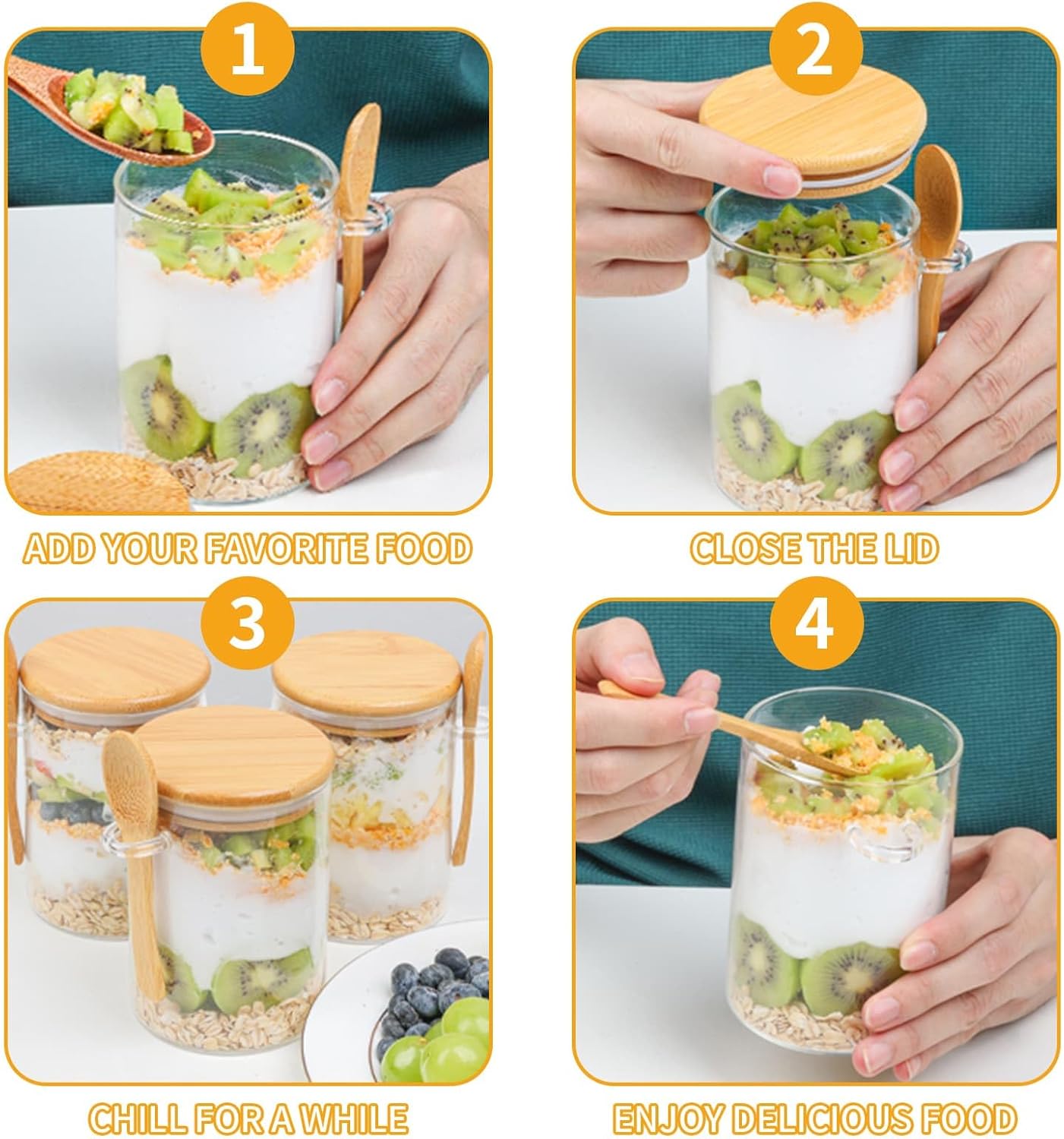4-pack overnight oats containers with wooden lids and spoons, 473 ml overnight oats jars, glass food containers for oatmeal, chia seed pudding, yoghurt, salad and breakfast cereals - Image 6