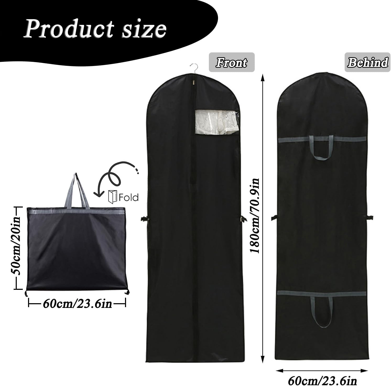 Long garment bags, dustproof clothing covers, moth-resistant clothing bags, wedding dress bags, foldable long coat bags, suitable for storing coats, shirts, suits and jackets (black) - Image 2