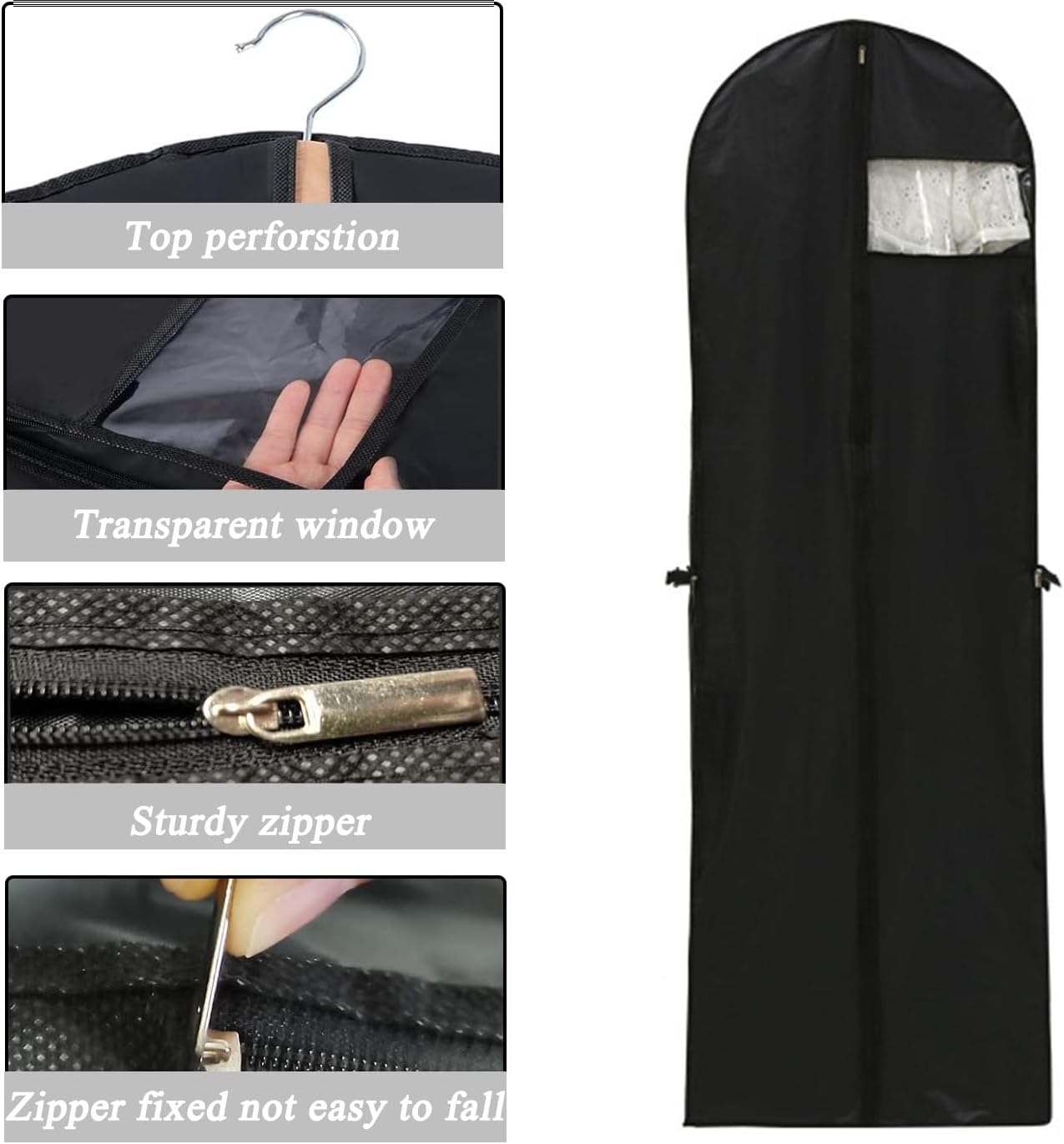 Long garment bags, dustproof clothing covers, moth-resistant clothing bags, wedding dress bags, foldable long coat bags, suitable for storing coats, shirts, suits and jackets (black) - Image 3